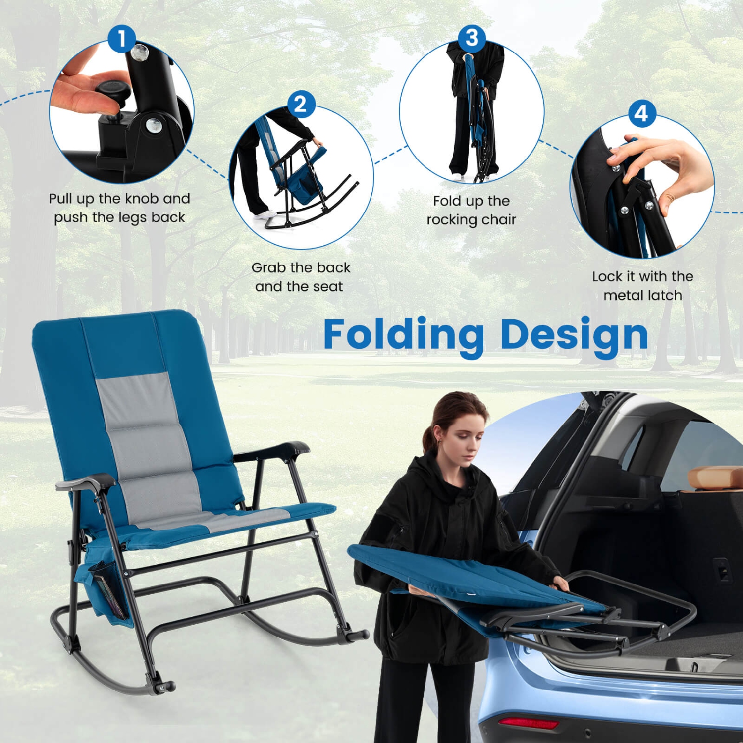 Foldable Rocking Padded Chair Portable Camping Chair with Backrest Armrest RedBlue