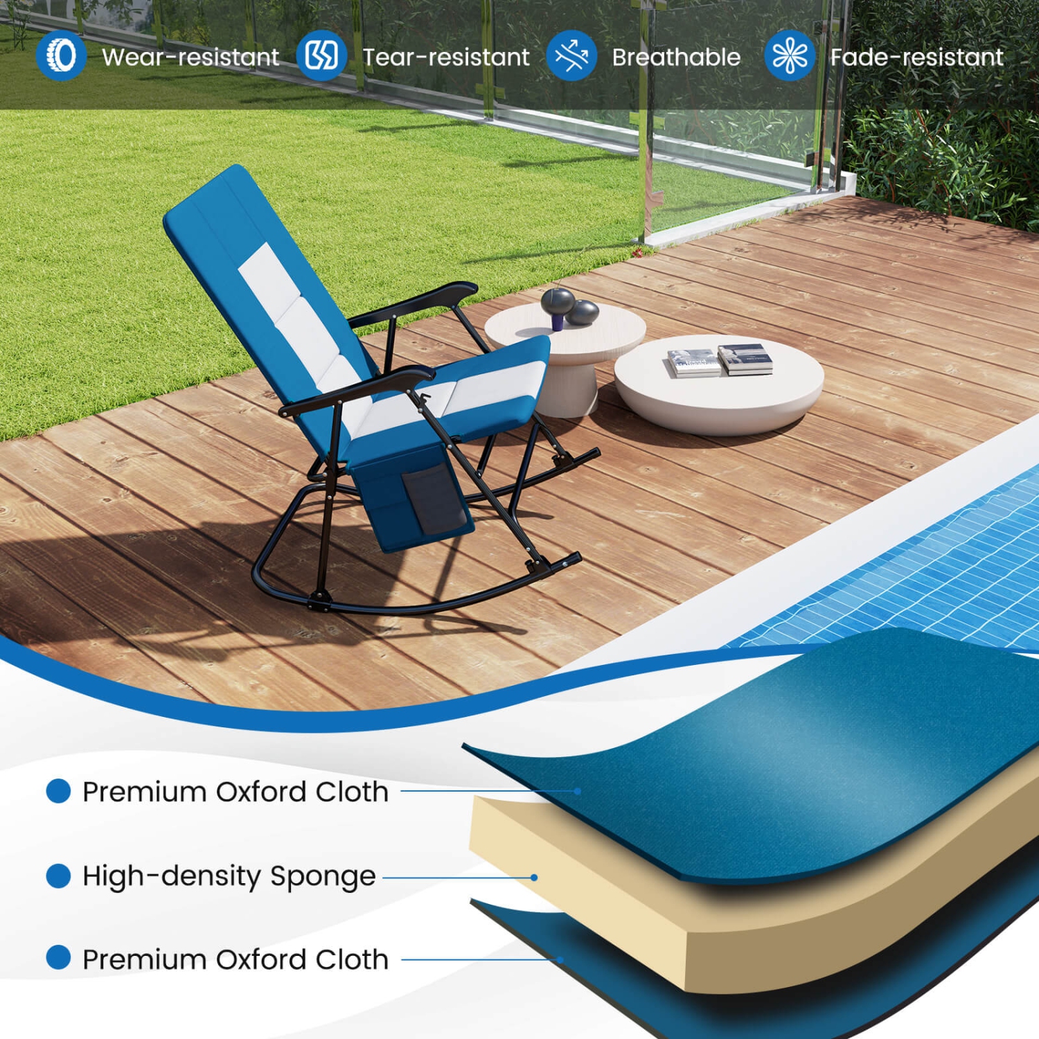 Foldable Rocking Padded Chair Portable Camping Chair with Backrest Armrest RedBlue