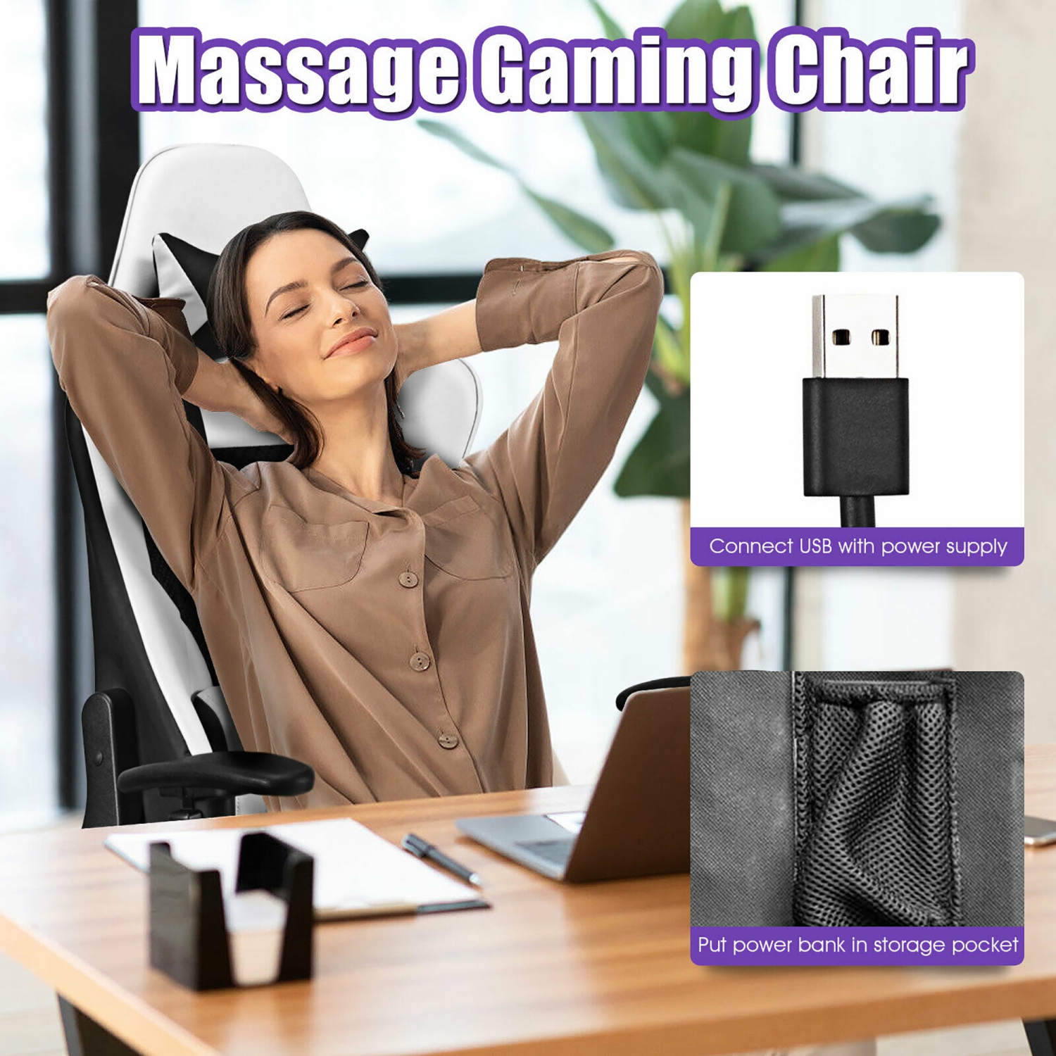 Costway Massage Gaming Chair Reclining Racing Office Computer Chair with Footrest