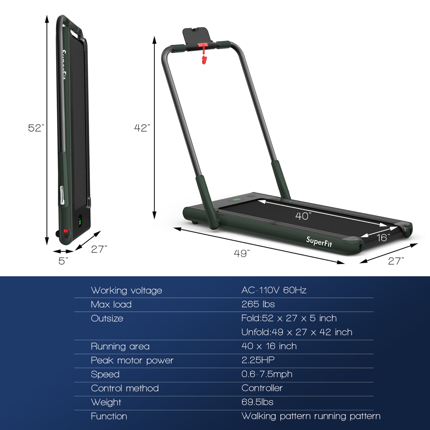 SuperFit 2.25HP 2 in 1 Foldable Under Desk Treadmill/Walking Pad Remote Control