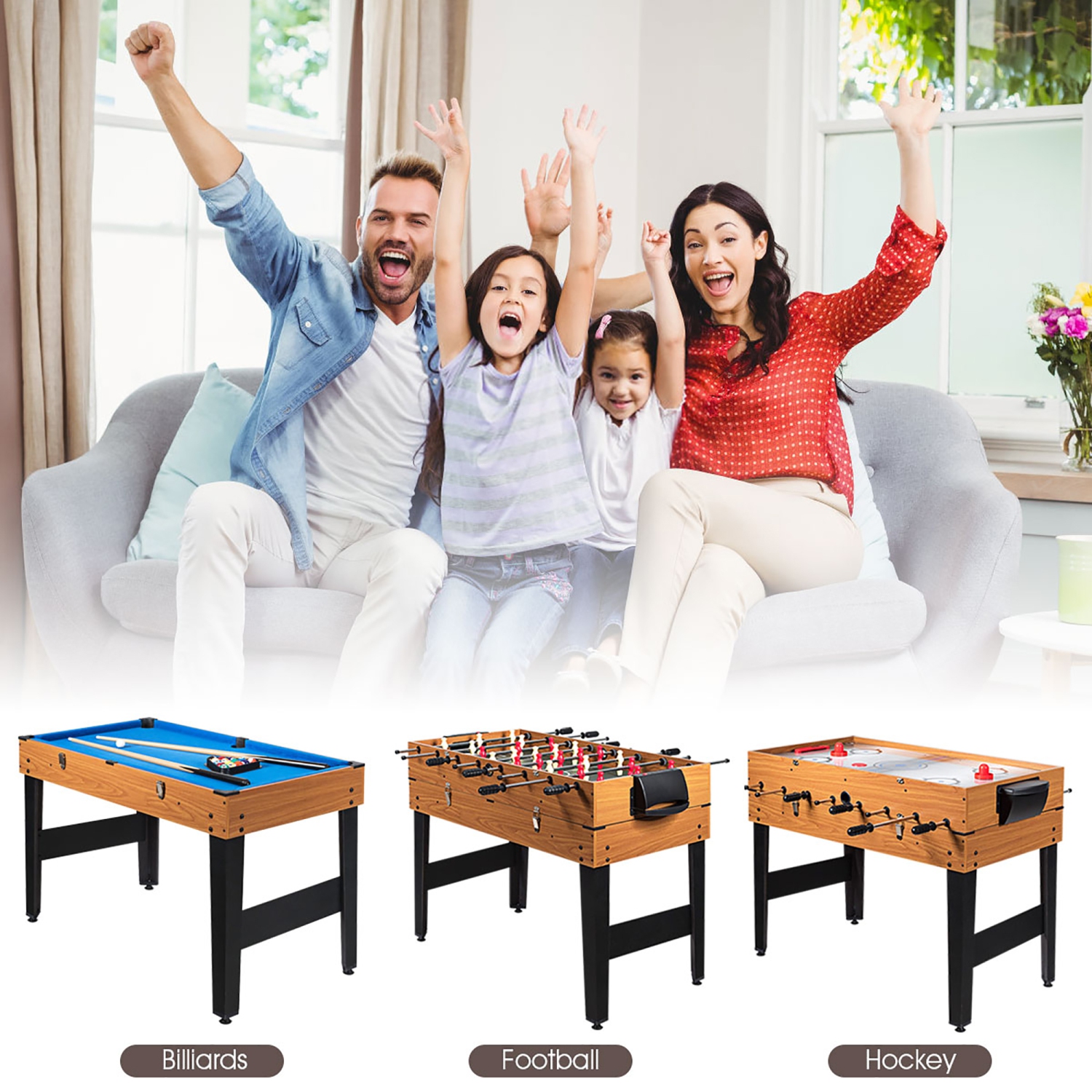 Costway 3-In-1 48'' Multi Game Table w/Billiards Soccer and Side Hockey for Party and Family Night