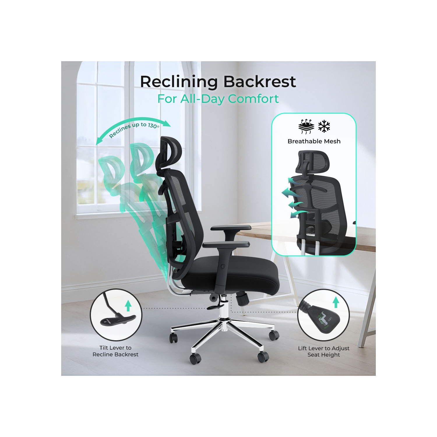 MotionGrey SkyMesh Ergonomic Office Chair-Comfy High Mesh Back Support with Adjustable Armrests-Black Desk Computer Chairs Perfect for Home Gaming