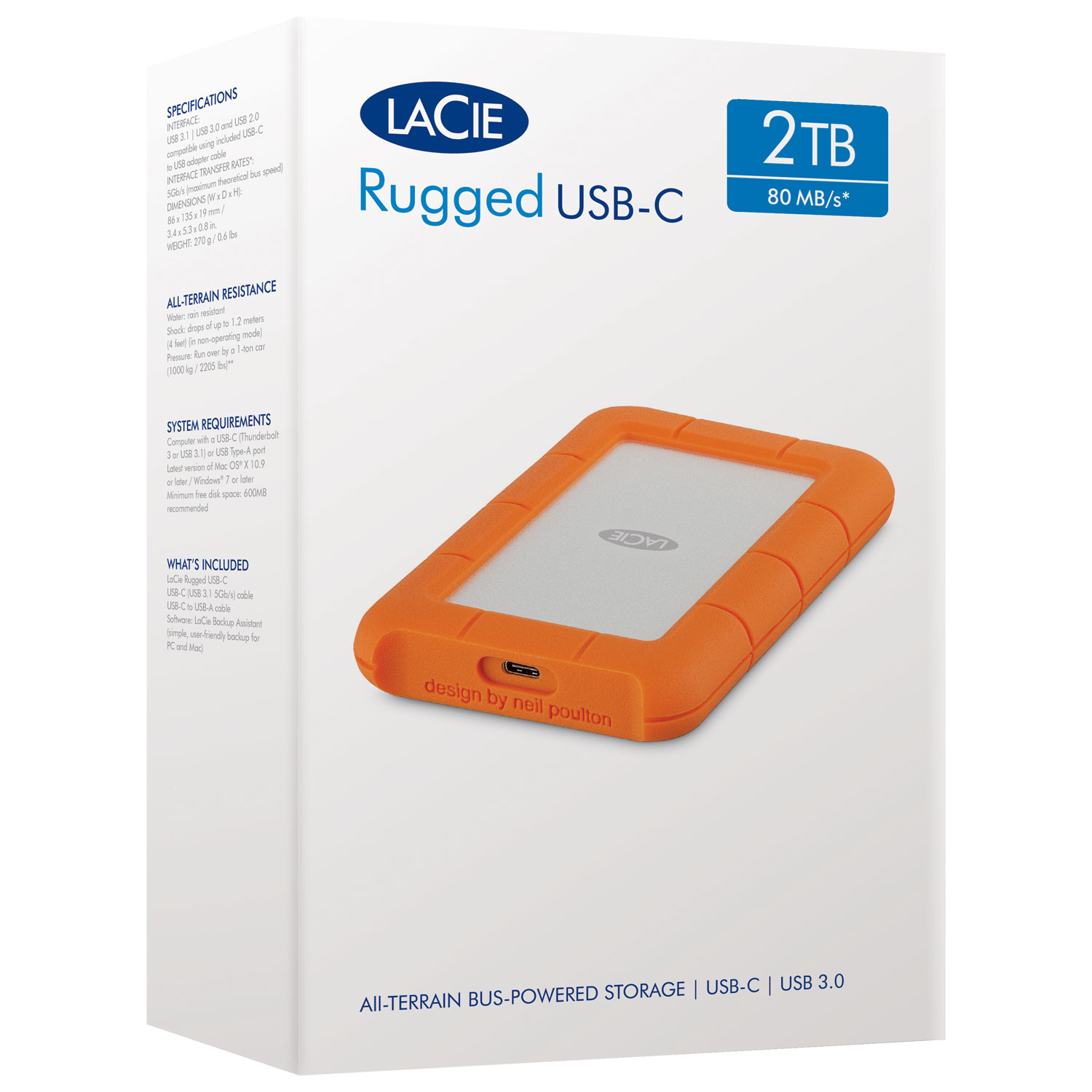LaCie Rugged 2TB USB-C Portable External Hard Drive for PC/Mac