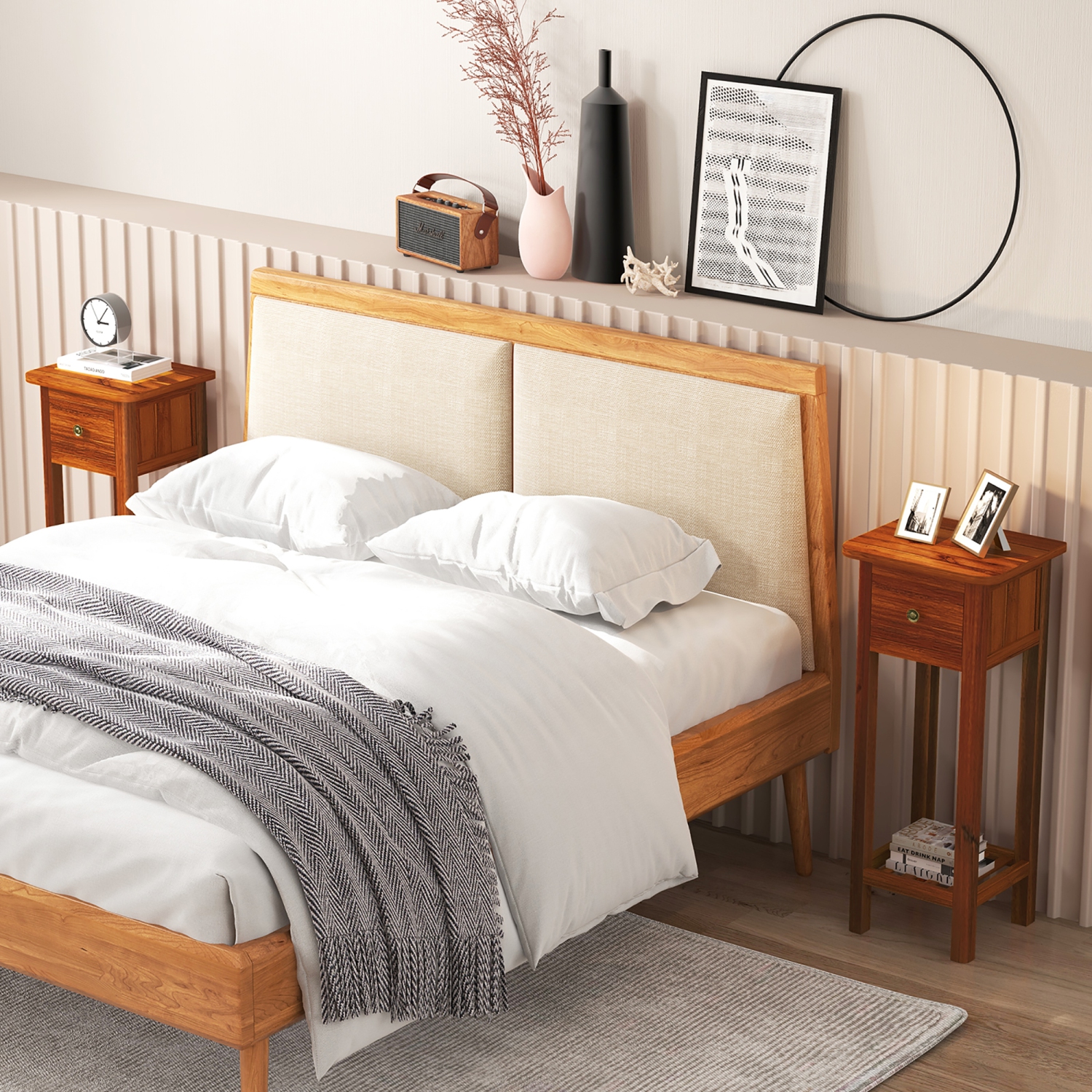 Gymax 2PCS Solid Wood Side Table Home Rectangular Sofa Side Table w/ Acacia Wood Top Telephone Table