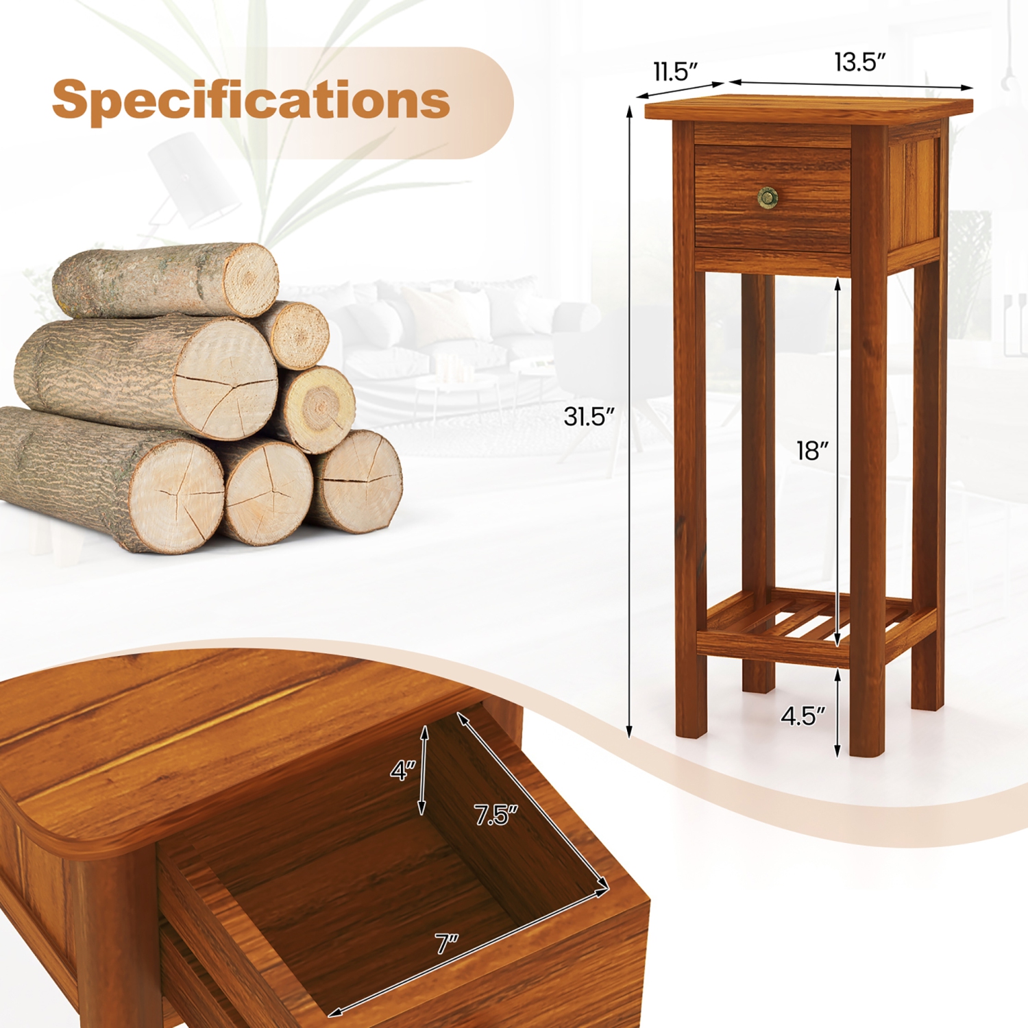 Gymax 2PCS Solid Wood Side Table Home Rectangular Sofa Side Table w/ Acacia Wood Top Telephone Table