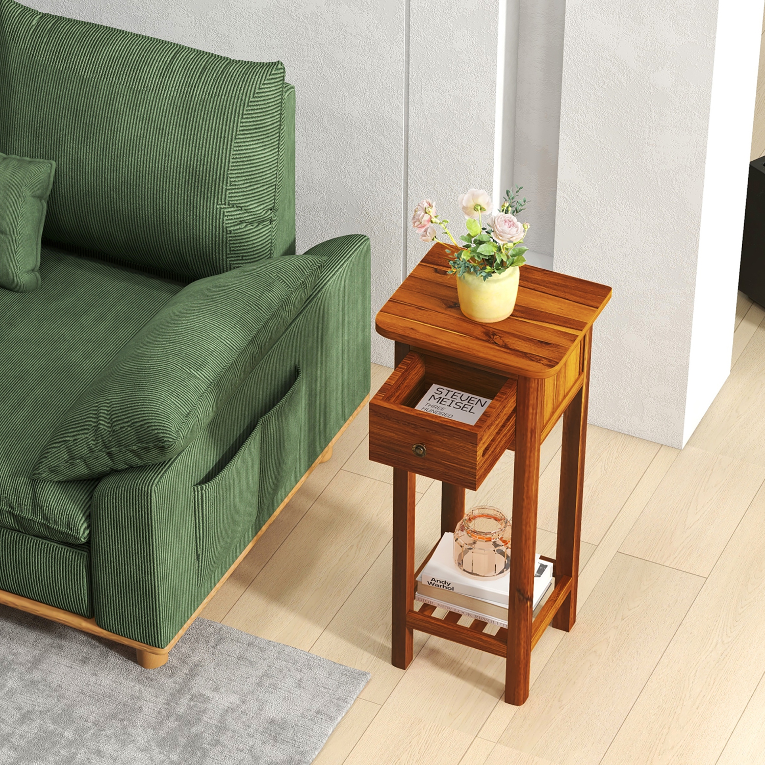 Gymax 2PCS Solid Wood Side Table Home Rectangular Sofa Side Table w/ Acacia Wood Top Telephone Table