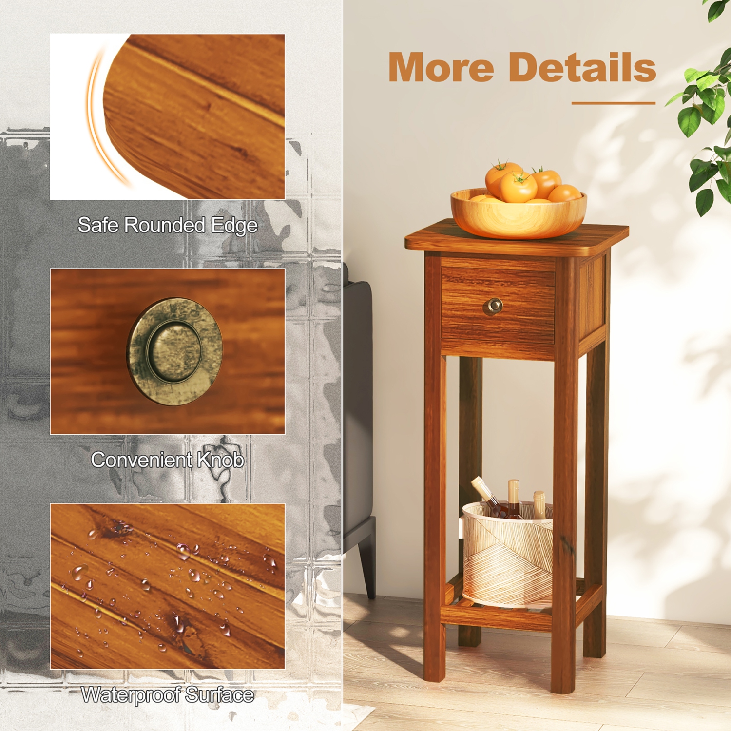 Gymax 2PCS Solid Wood Side Table Home Rectangular Sofa Side Table w/ Acacia Wood Top Telephone Table