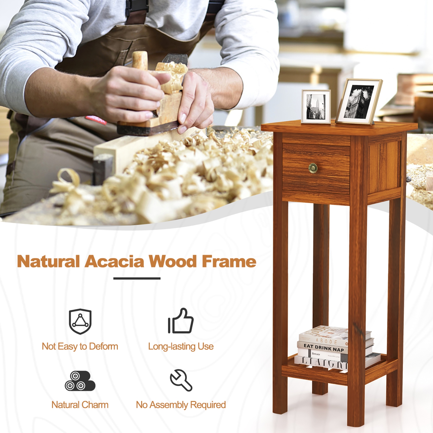 Gymax 2PCS Solid Wood Side Table Home Rectangular Sofa Side Table w/ Acacia Wood Top Telephone Table