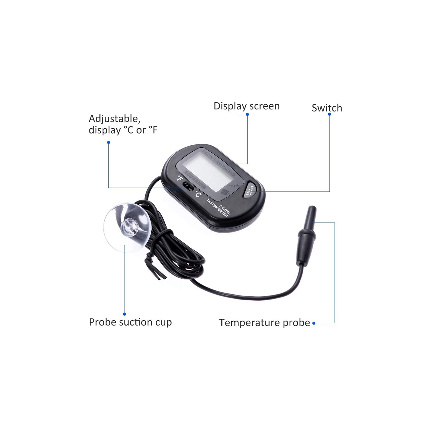 Thermomètre LCD numérique pour aquarium Eau de mer Accessoires terrarium  Outil de mesure de la température Noir