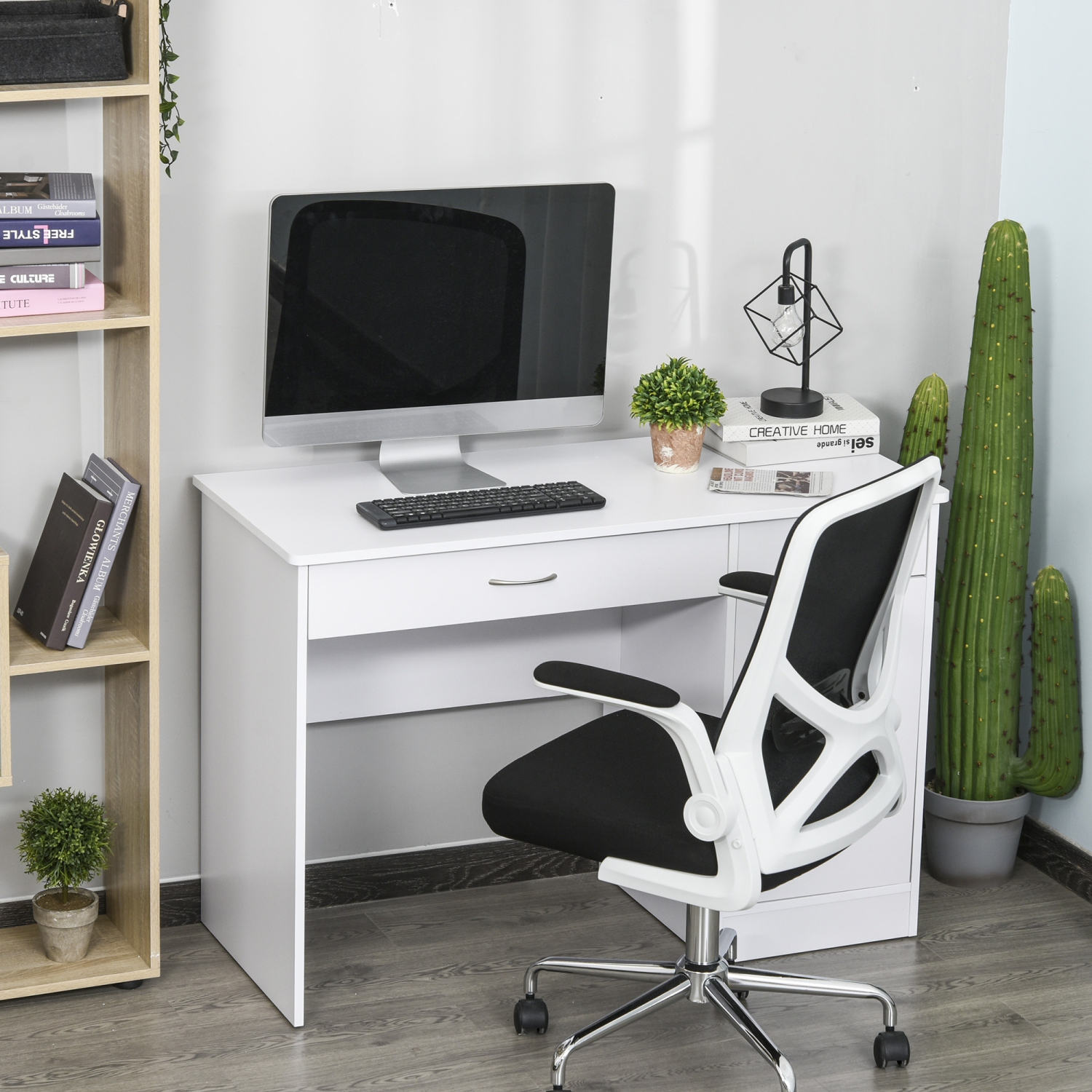 HOMCOM – Bureau d’ordinateur avec tiroirs de rangement, table d’étude avec étagère réglable pour la chambre de poste de travail à domicile, blanc