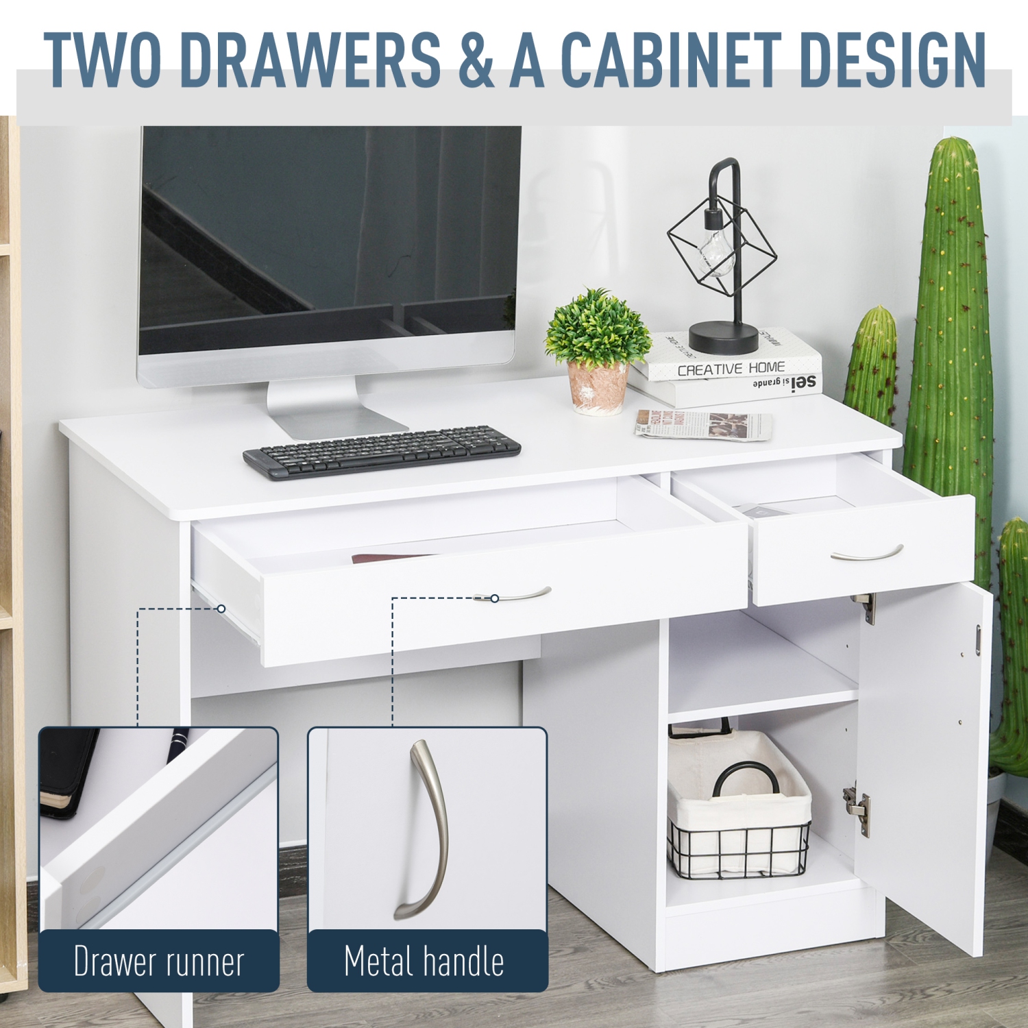 HOMCOM – Bureau d’ordinateur avec tiroirs de rangement, table d’étude avec étagère réglable pour la chambre de poste de travail à domicile, blanc
