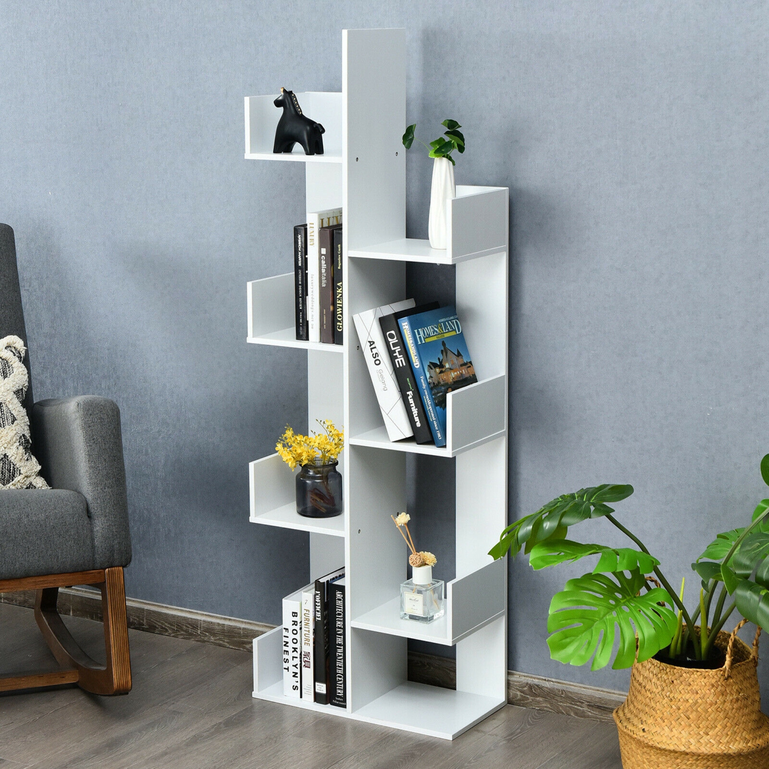 Gymax 8-Tier Bookshelf Bookcase w/8 Open Compartments Space-Saving Storage Rack