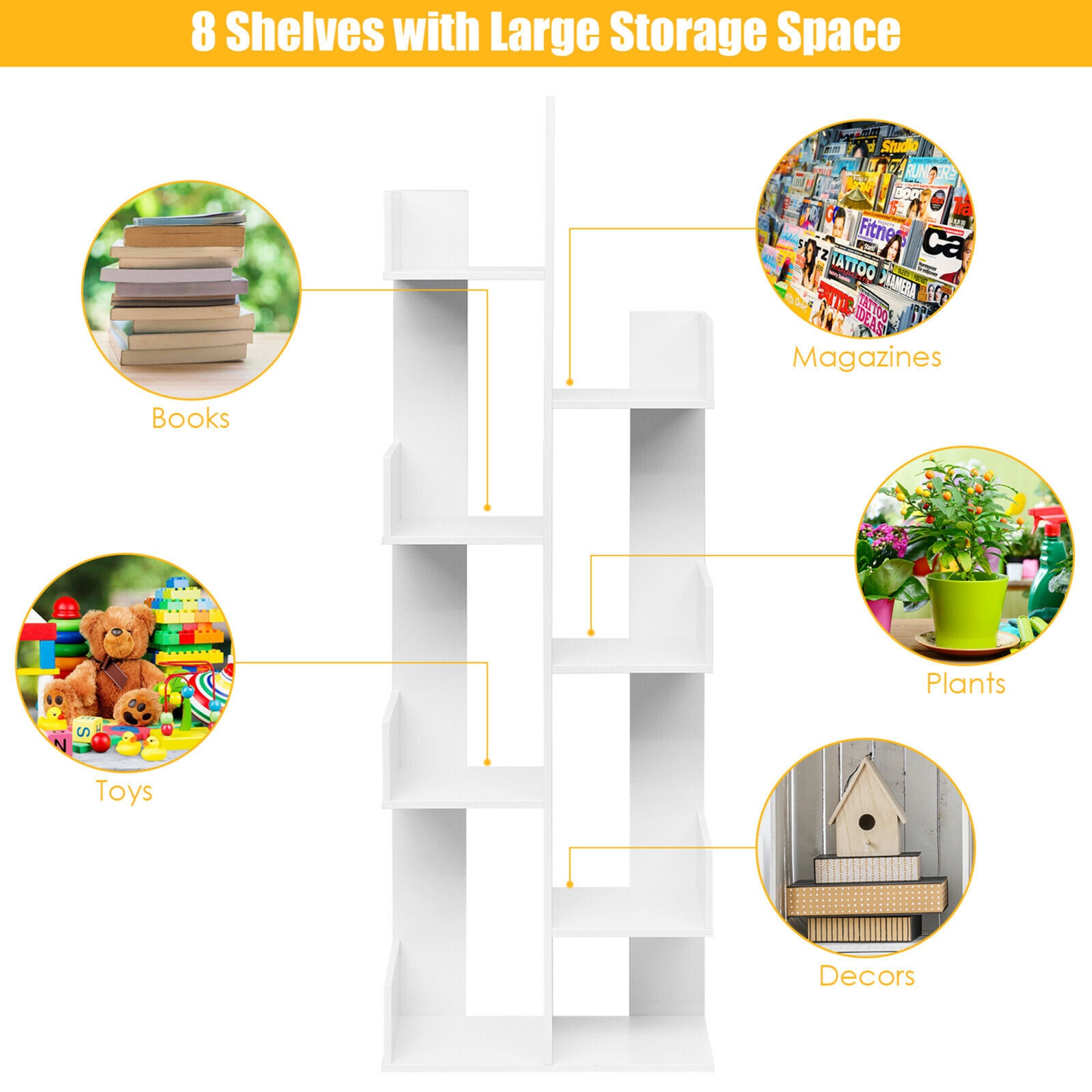 Gymax 8-Tier Bookshelf Bookcase w/8 Open Compartments Space-Saving Storage Rack