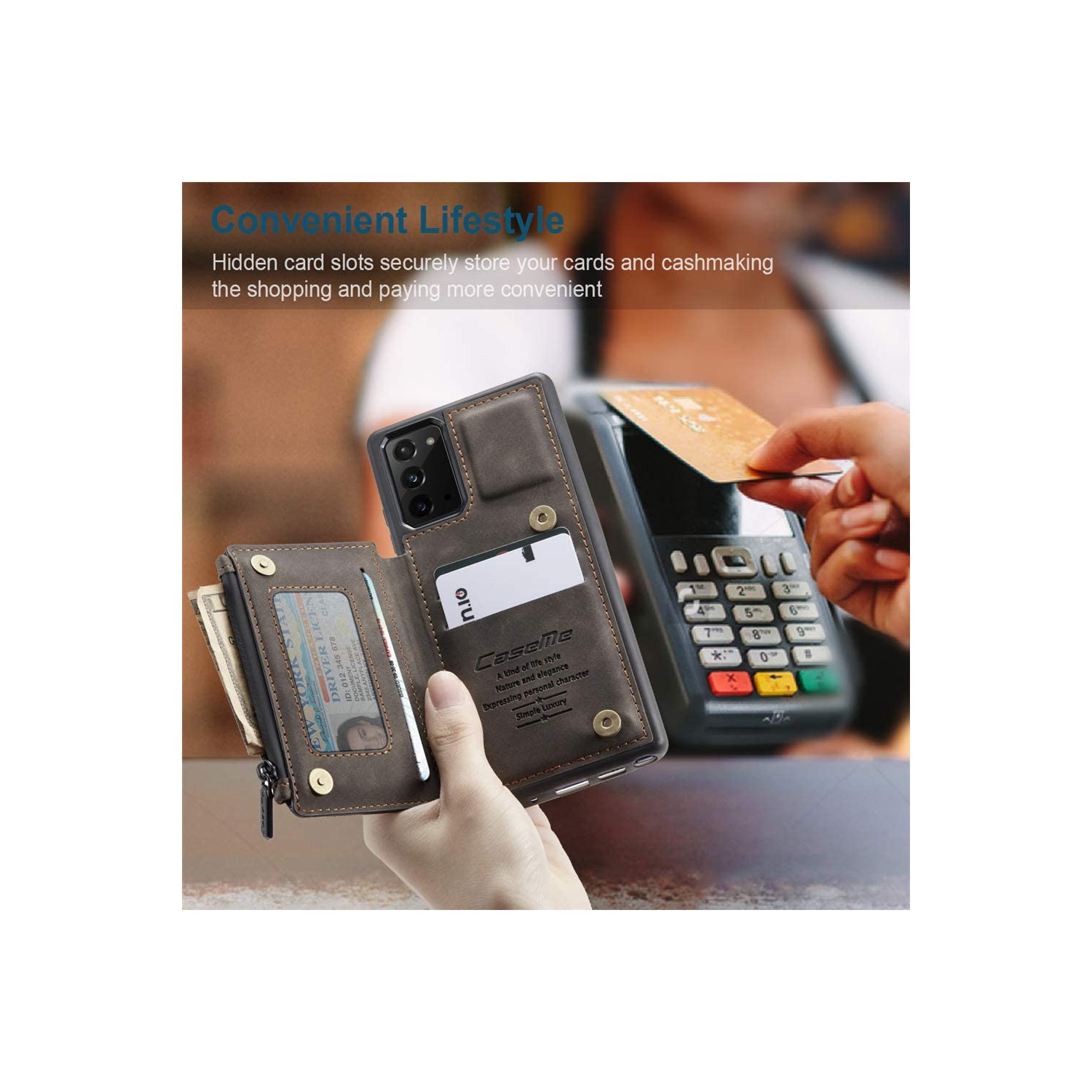 CaseMe Back case Card Slot Retro Matte Synthetic Leather Wallet Zipper Stand Cover for Samsung Galaxy Note 20