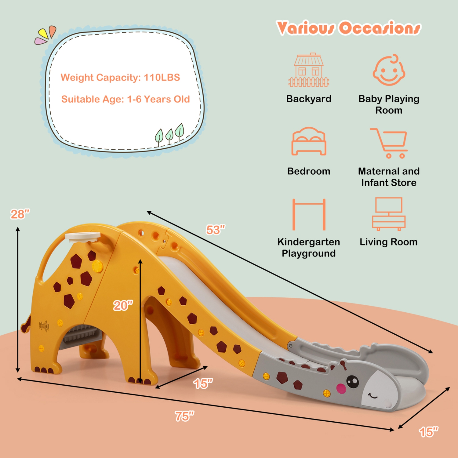 Gymax Toboggan 3-en-1 pour Enfants,Ensemble de Jeu avec Panier de Basketball Intérieur& Extérieur