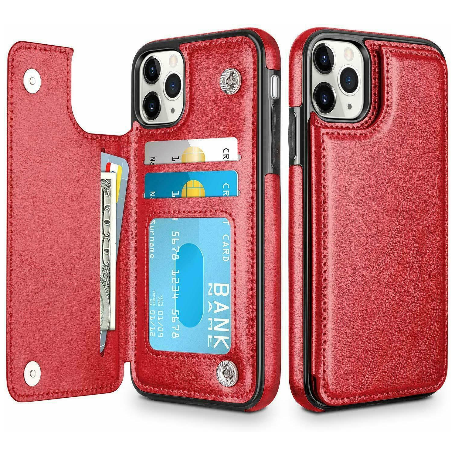 Porte-cartes en cuir Flip Wallet Couverture arrière pour iPhone 12 (Rouge)