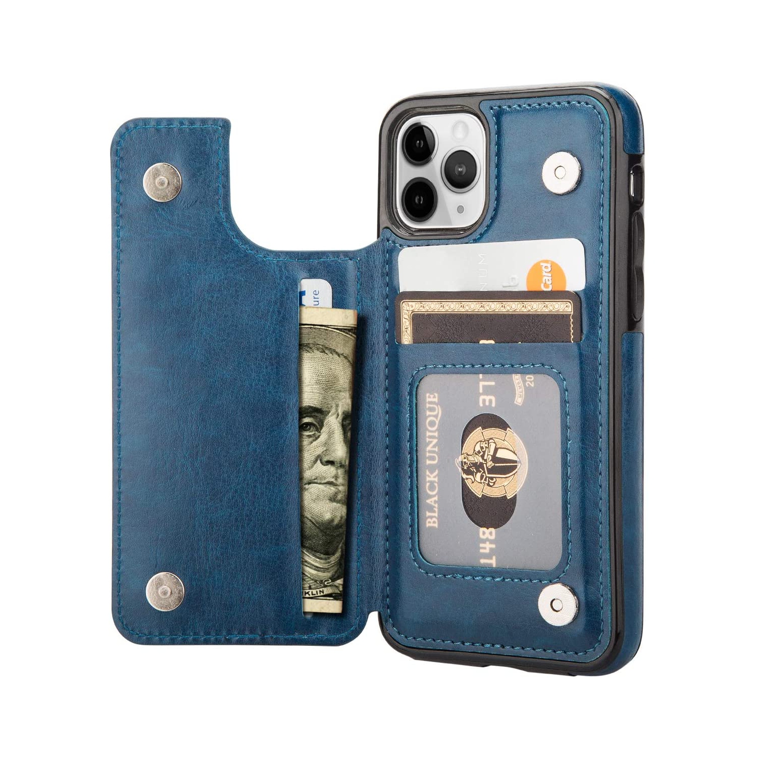 Porte-cartes en cuir Flip Wallet Couverture arrière pour iPhone 12 Pro (Bleu)