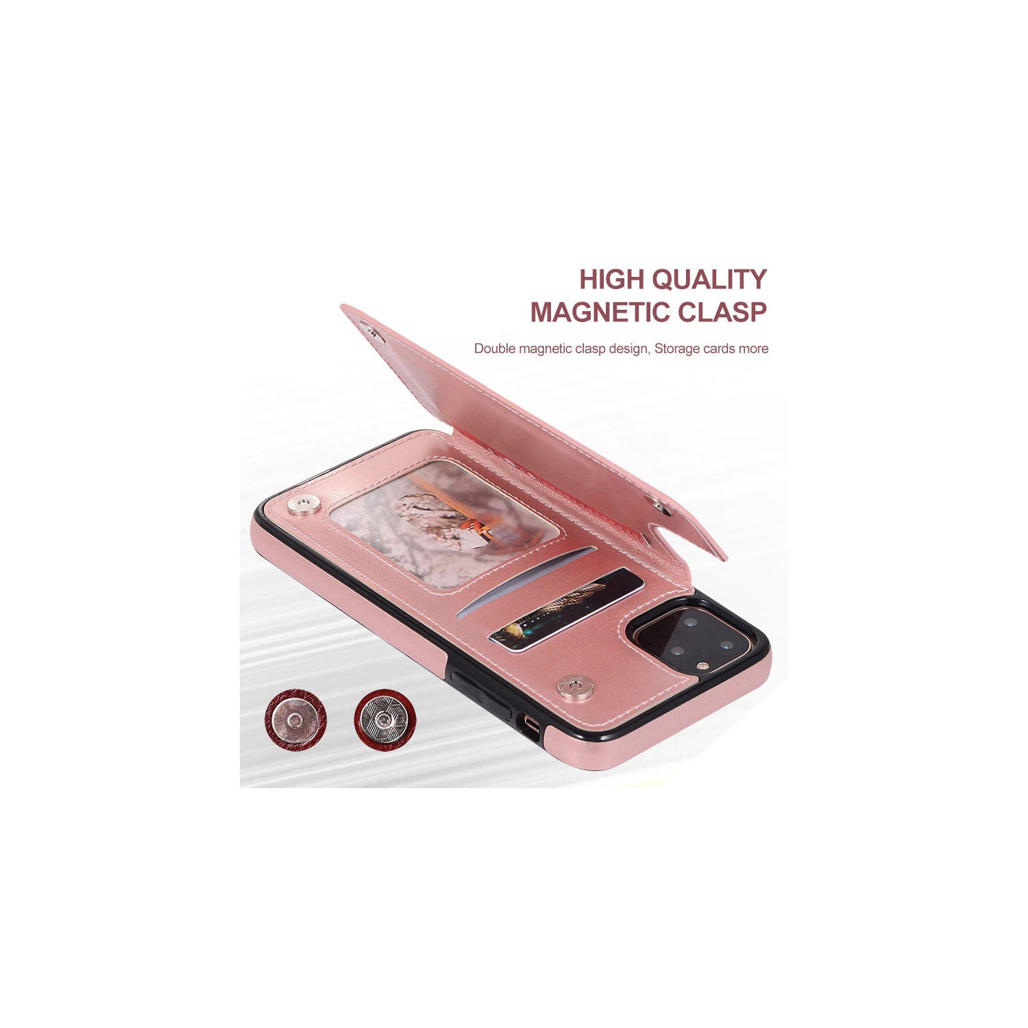 Leather Flip Wallet Case Card Holder Phone Back Cover for iPhone 12 Pro (Pink)