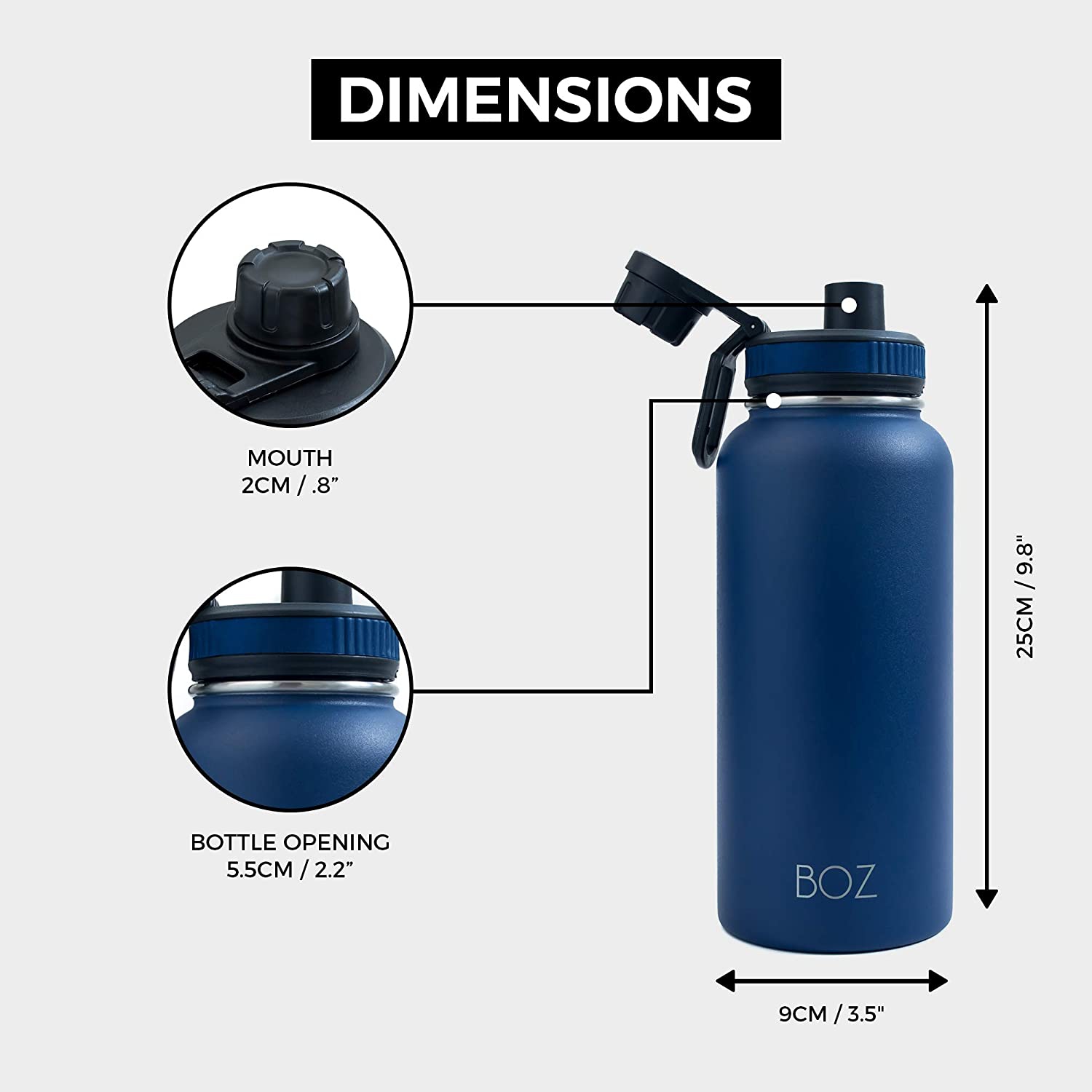 BOZ Stainless Steel Water Bottle XL - Monaco Blue Wide Mouth, BPA Free, Vacuum Double Wall Insulated