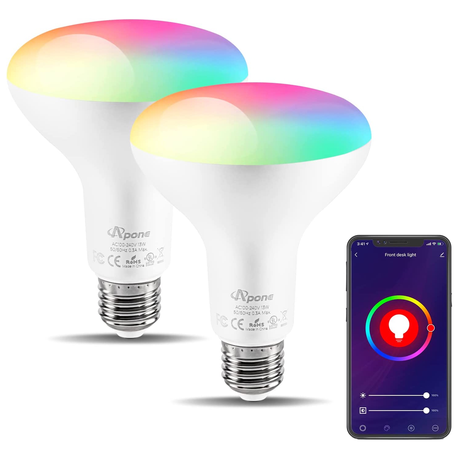 Apone Smart LED Colorful Light Bulb 13W, with Alexa and Google Assistant, Wireless WiFi App Control (2 Pack)