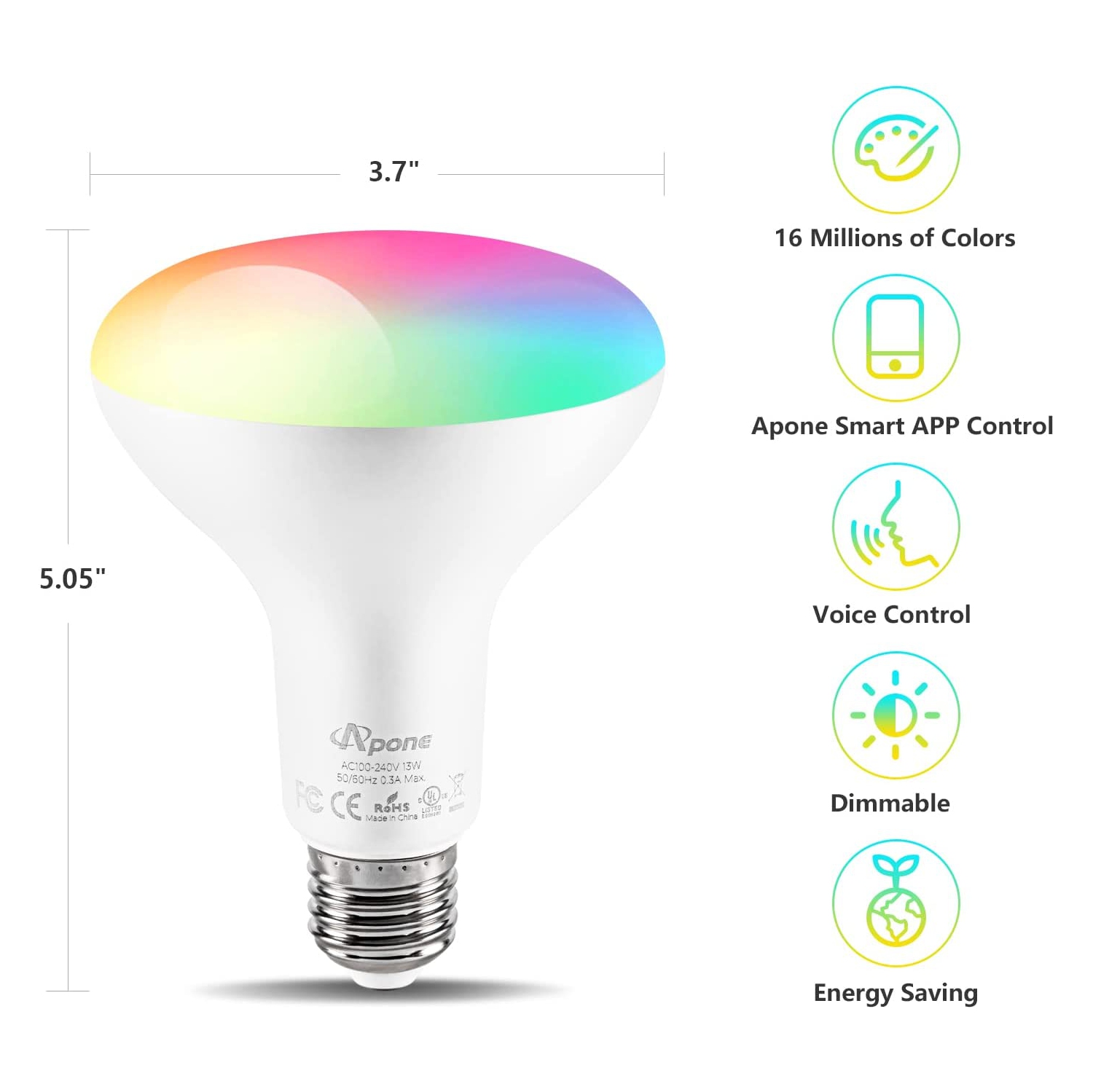 Apone – ampoule DEL intelligente colorée 13&nbsp;W, avec Alexa et Assistant Google, contrôle par application Wi-Fi sans fil