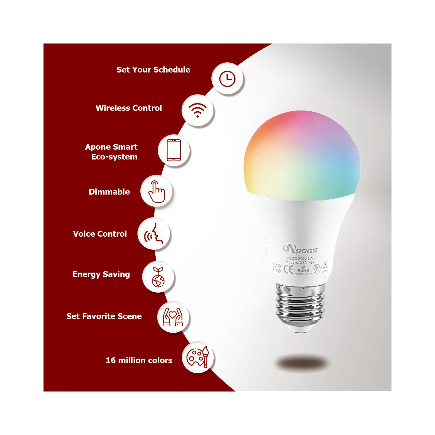 Apone Smart LightBulb RGB A19 E27 8W - 4 Pack