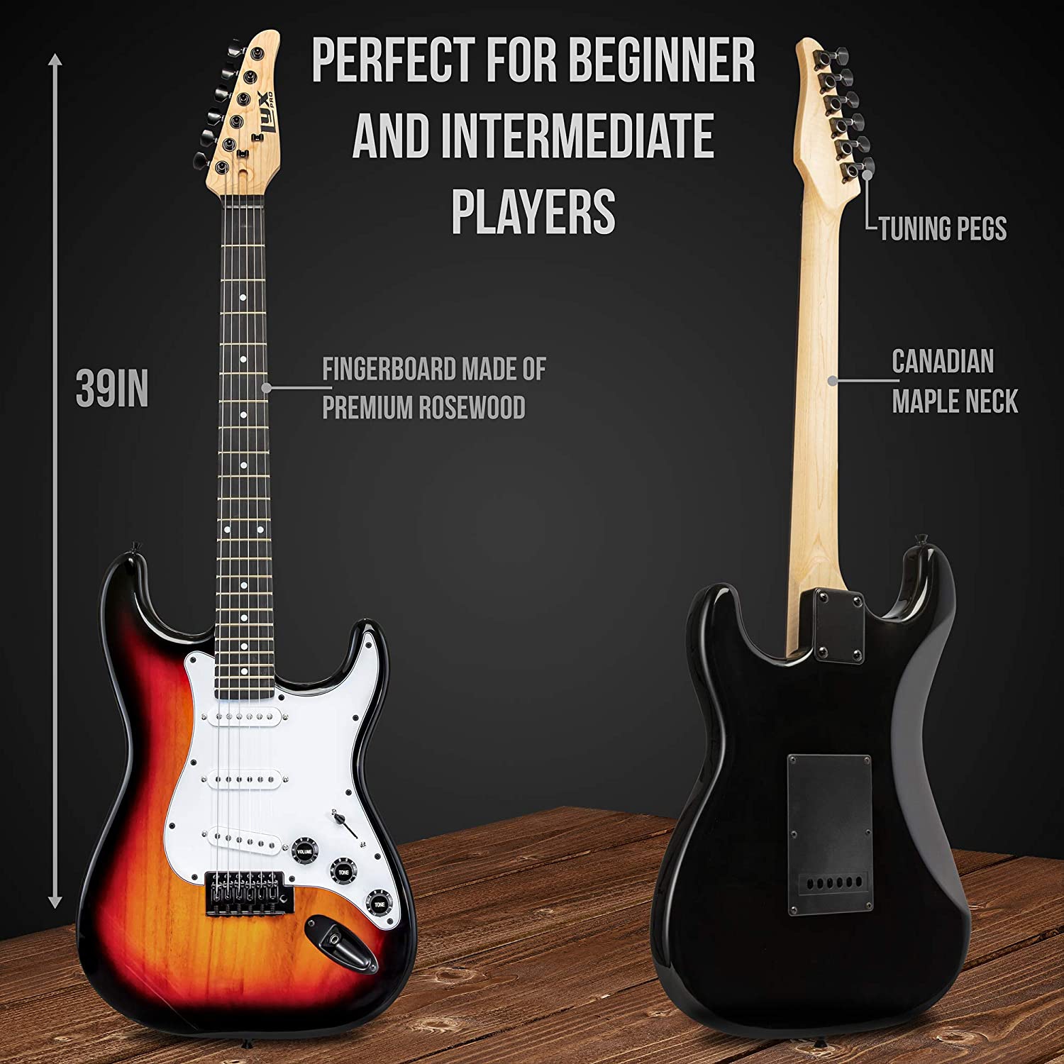 LyxPro Full Size Electric Guitar with 20w Amp, Package Includes All Accessories, Digital Tuner, Strings, Picks, Tremolo Bar, Shoulder Strap, and Case