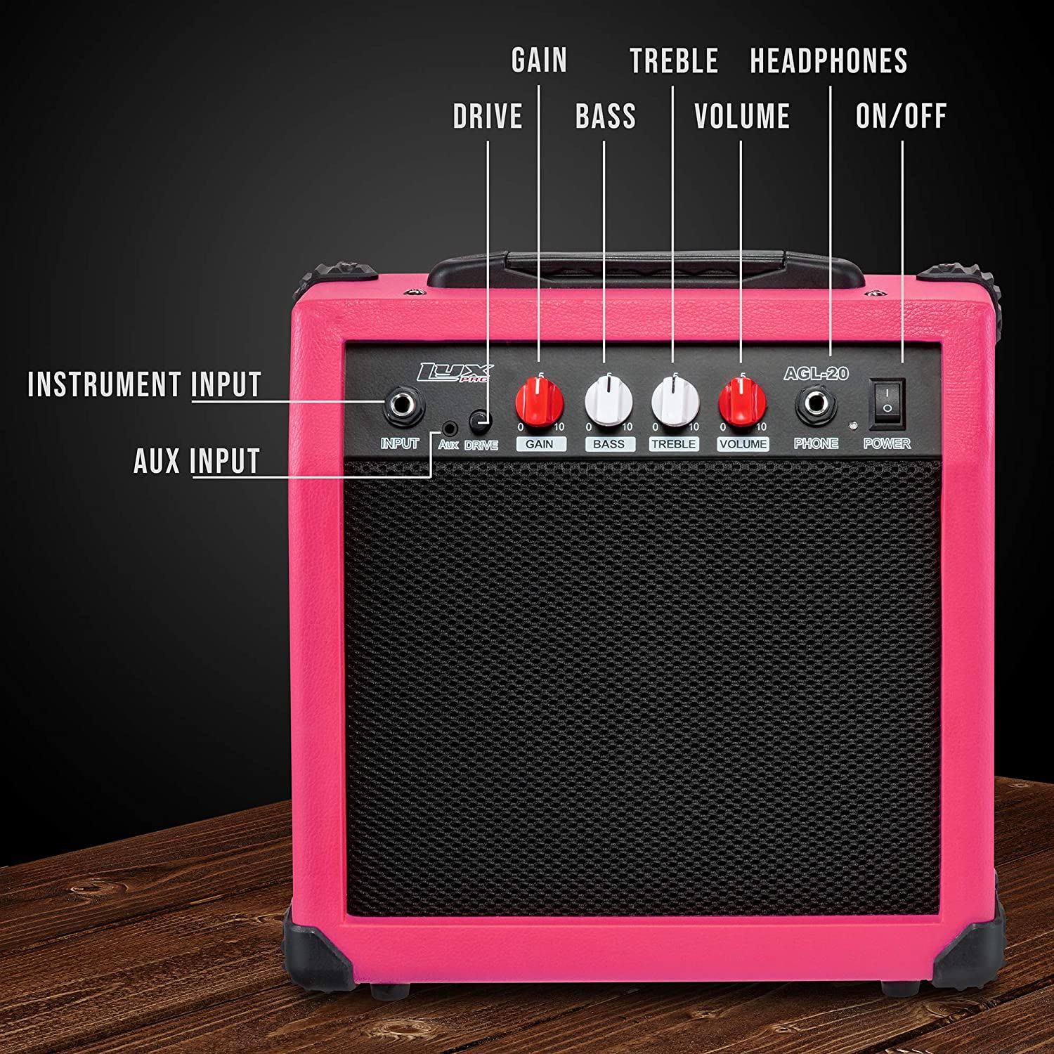 LyxPro Electric Guitar Amp 20 Watt Amplifier Built In Speaker Headphone Jack And Aux Input Includes Gain Bass Treble Volume And Grind - Pink