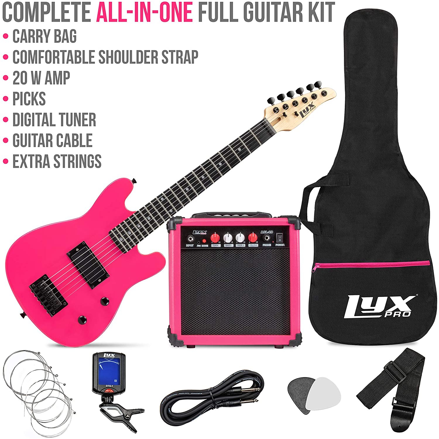 LyxPro 30 Inch Electric Guitar and Starter Kit for Kids with 3/4 Size Beginner’s Guitar, Amp, Six Strings, Two Picks, Shoulder Strap, Digital Clip On