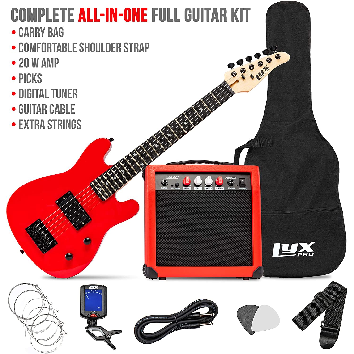 LyxPro 30 Inch Electric Guitar and Starter Kit for Kids with 3/4 Size Beginner’s Guitar, Amp, Six Strings, Two Picks, Shoulder Strap, Digital Clip On
