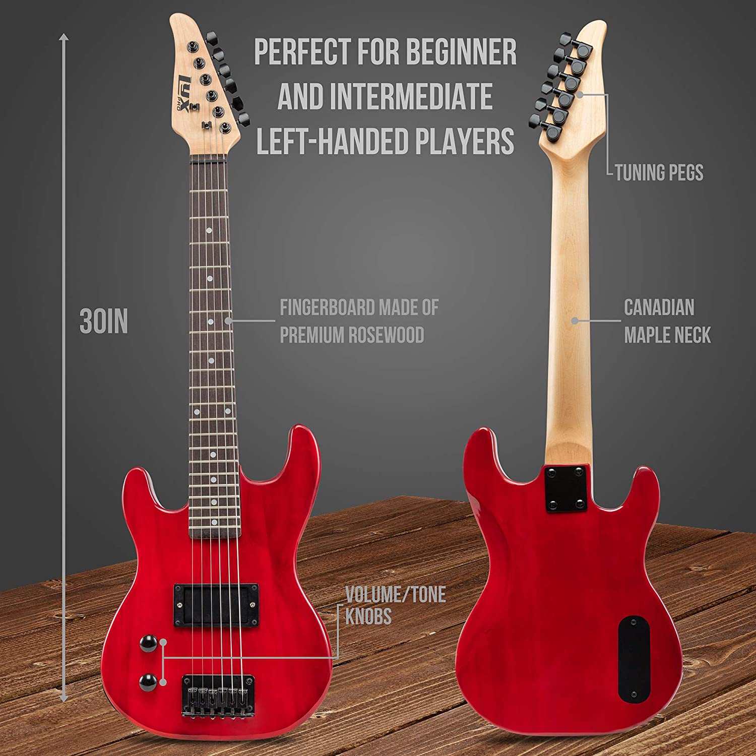 LyxPro Left Hand 30 Inch Electric Guitar Kit for Lefty Kids 3/4 Size Beginner’s Guitar, Amp, Six Strings, Two Picks, Shoulder Strap, Digital Clip On