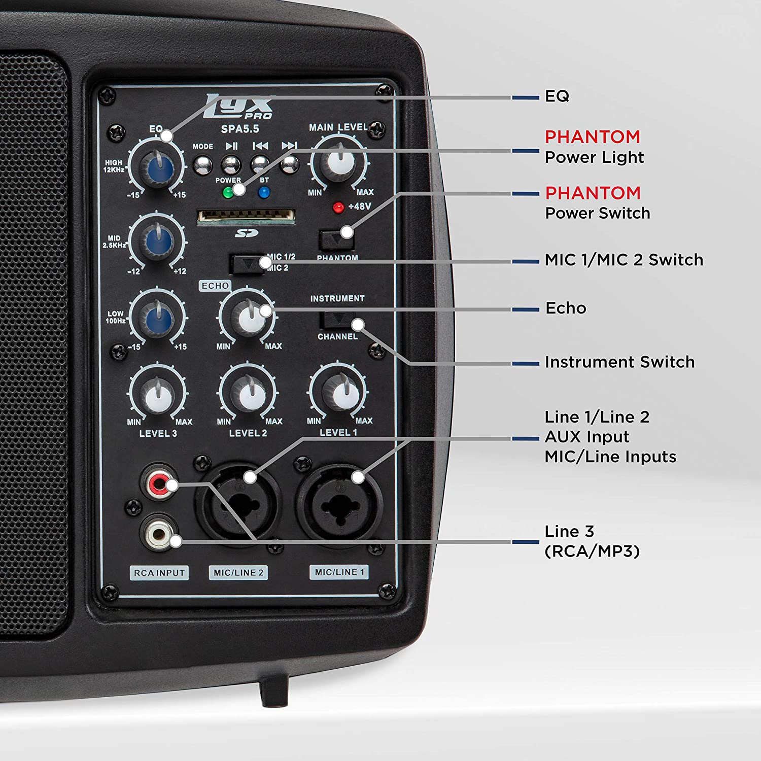 LyxPro SPA-5.5 Small PA Speaker Monitor Class-D Amplifier 3 Channel Mixer 3 Band EQ, Powerful Compact Active Speaker System amp with mixer