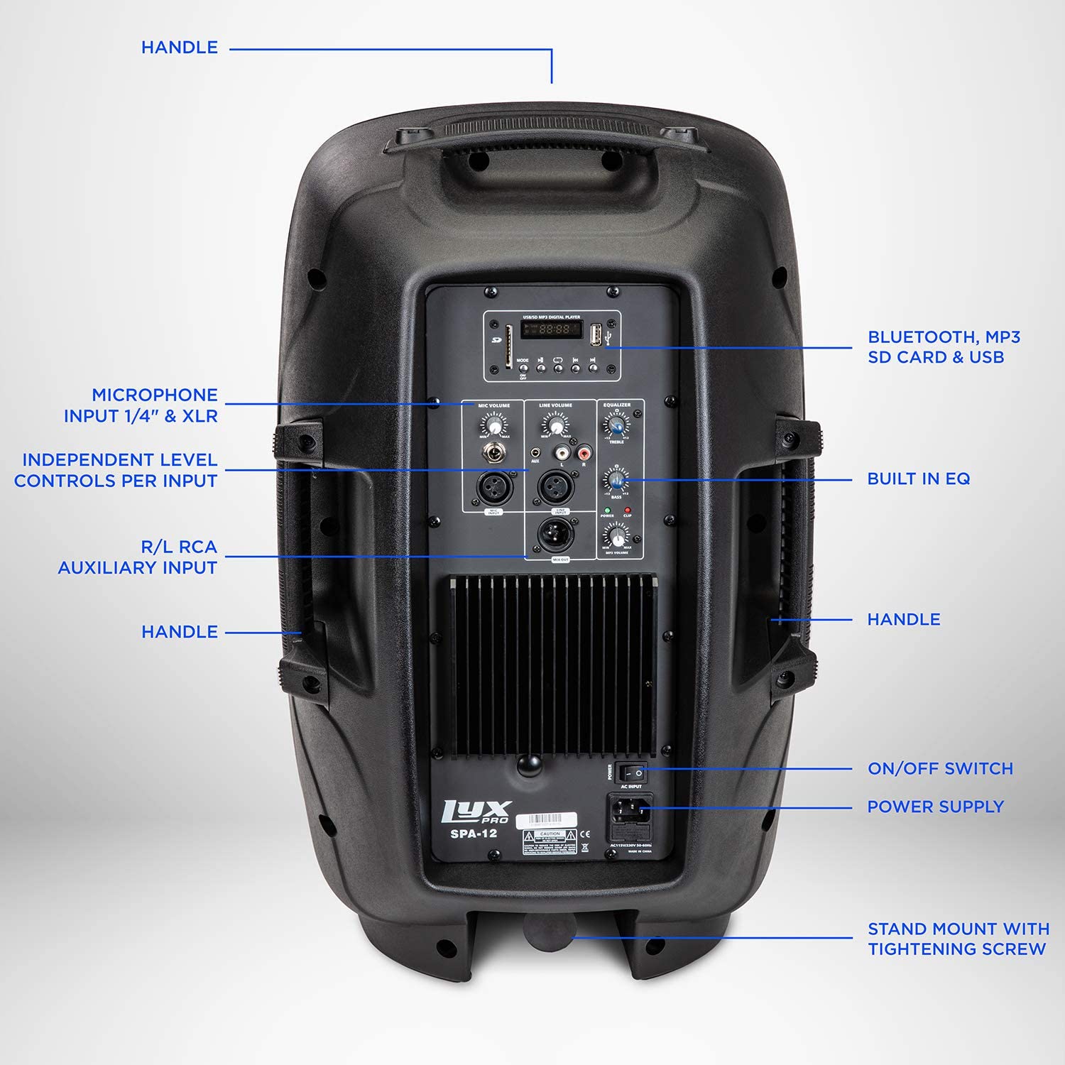 LyxPro 12" PA System Powerful Compact PA Portable Active Speaker System with Equalizer, Bluetooth, SD Card Slot, USB, MP3, XLR, 1/4", 3.5mm Input
