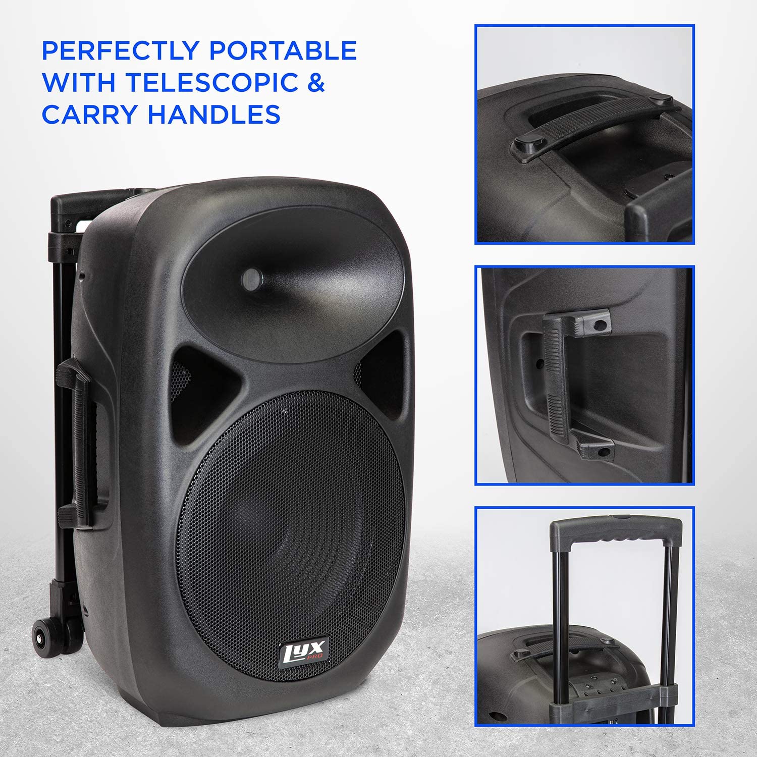 LyxPro 12 Inch Active PA Rechargeable Battery Speaker System, Bluetooth, MP3, USB, SD Card Slot, Foldable Carry Handle, Easy Carry Wheels-SPA-12 BAT…