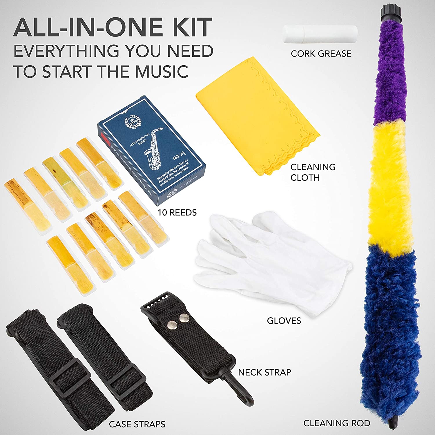 LyxJam Alto Saxophone “ E Flat Brass Sax Beginners Kit, Mouthpiece, Neck Strap, Cleaning Cloth Rod, Gloves, Cork Grease, Hard Carrying Case w/
