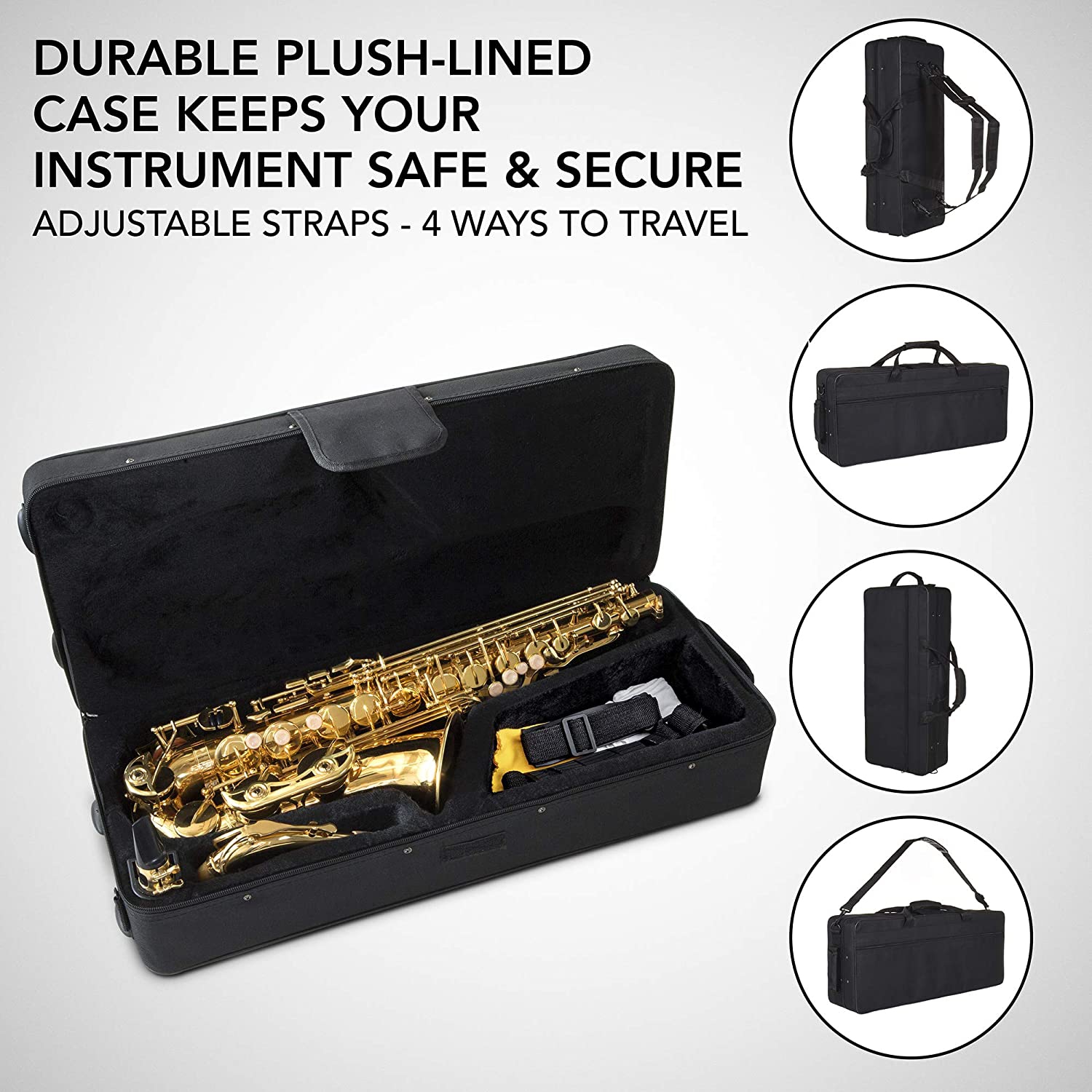 LyxJam Alto Saxophone “ E Flat Brass Sax Beginners Kit, Mouthpiece, Neck Strap, Cleaning Cloth Rod, Gloves, Cork Grease, Hard Carrying Case w/