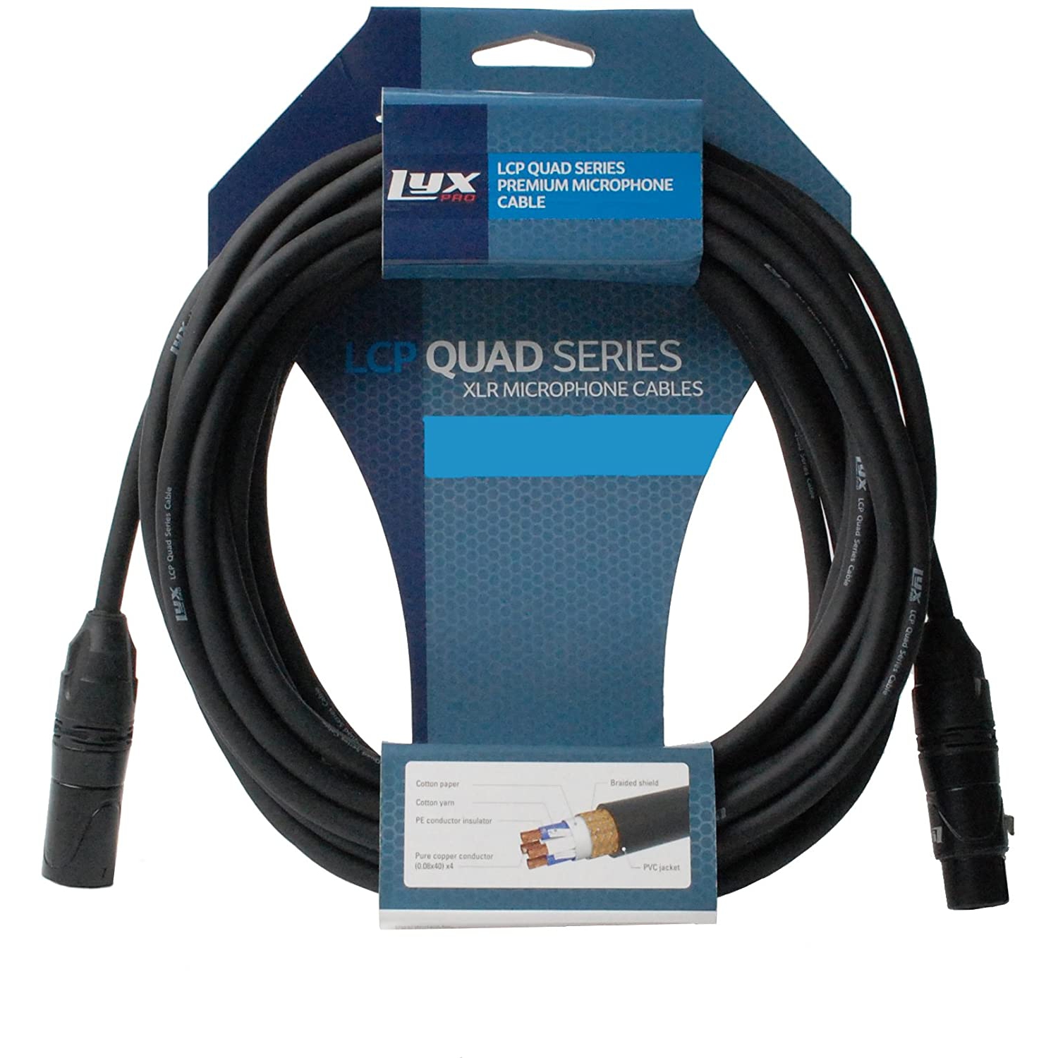 LyxPro Quad Series 100 ft XLR 4-Conductor Star Quad Balanced Microphone Cable for High End Quality and Sound Clarity, Extreme Low Noise, Black