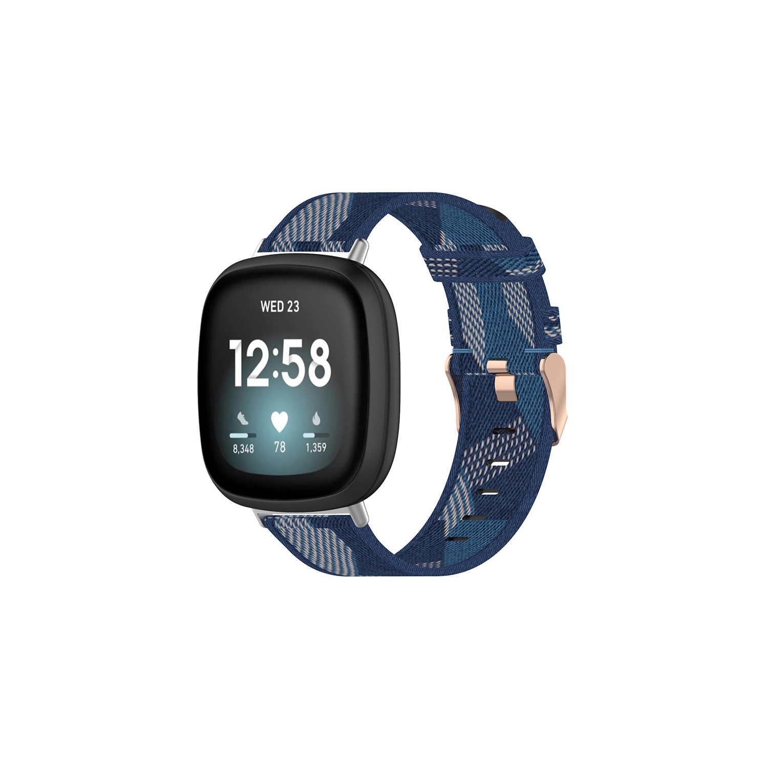 StrapsCo Woven Canvas Replacement Watch Band Strap with Rose Gold Buckle for Fitbit Versa 3 - Blue