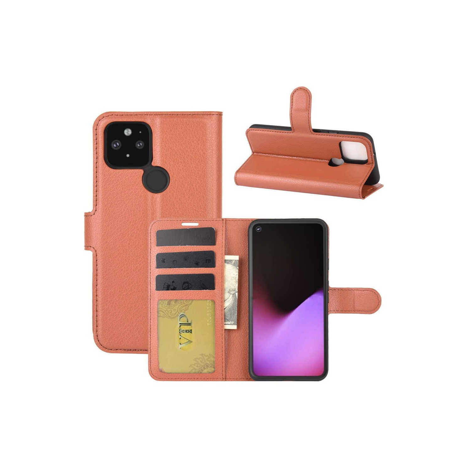 [CS] Google Pixel 5 Case, Magnetic Leather Folio Wallet Flip Case Cover with Card Slot, Brown