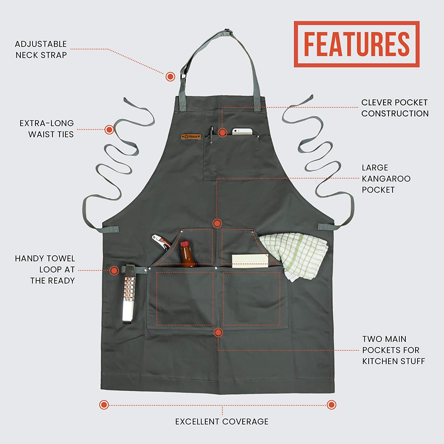 Chef Pomodoro Chef Apron - Top Recommended - Adjustable Pockets, Bibs - Designed for Home, Kitchen, BBQ, Grill Use