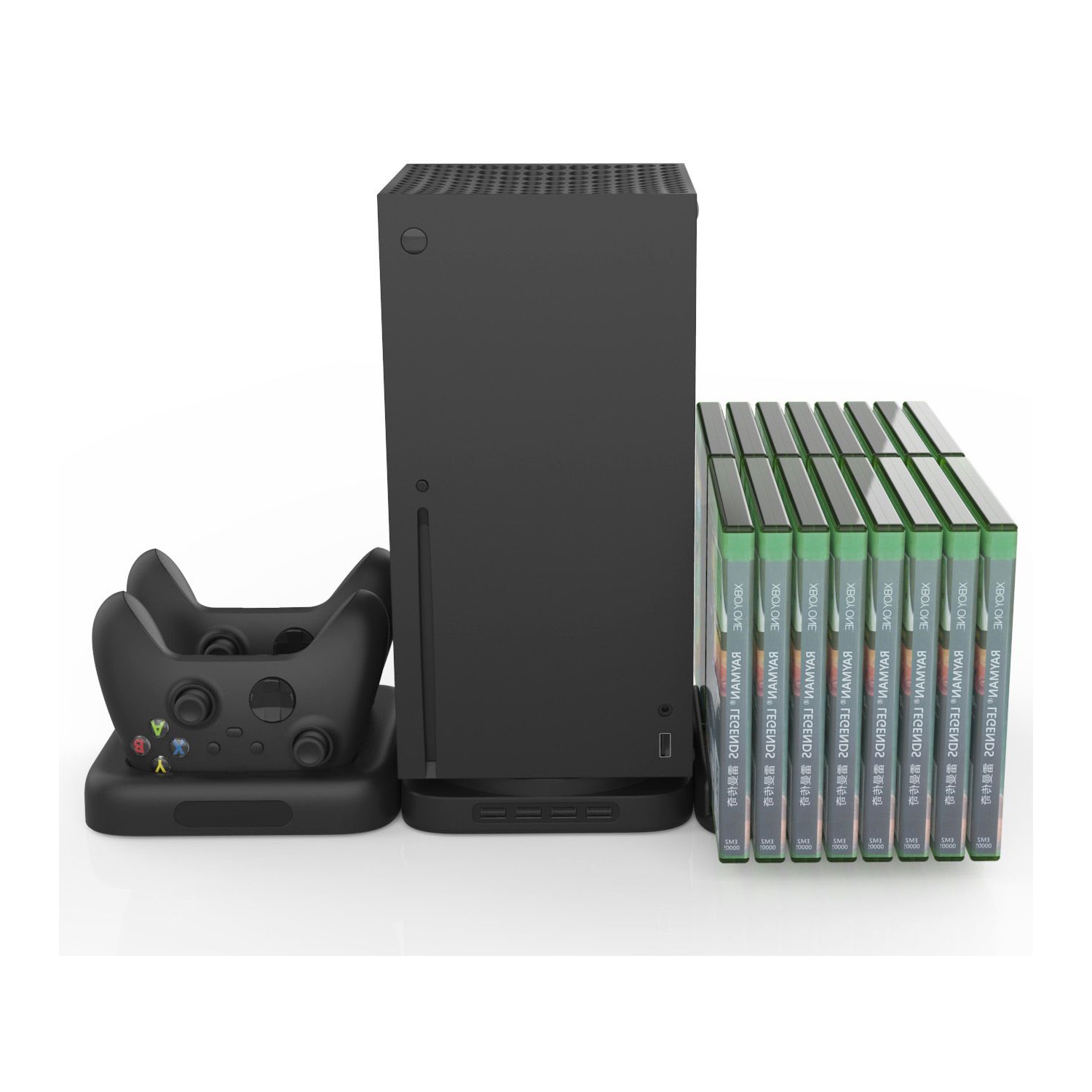 wingomart 3-in-1 Powered Vertical Stand for Xbox Series X - Dual Controller Charger Dock & Discs Storage (Stand includes 4 USB 2.0 Ports)