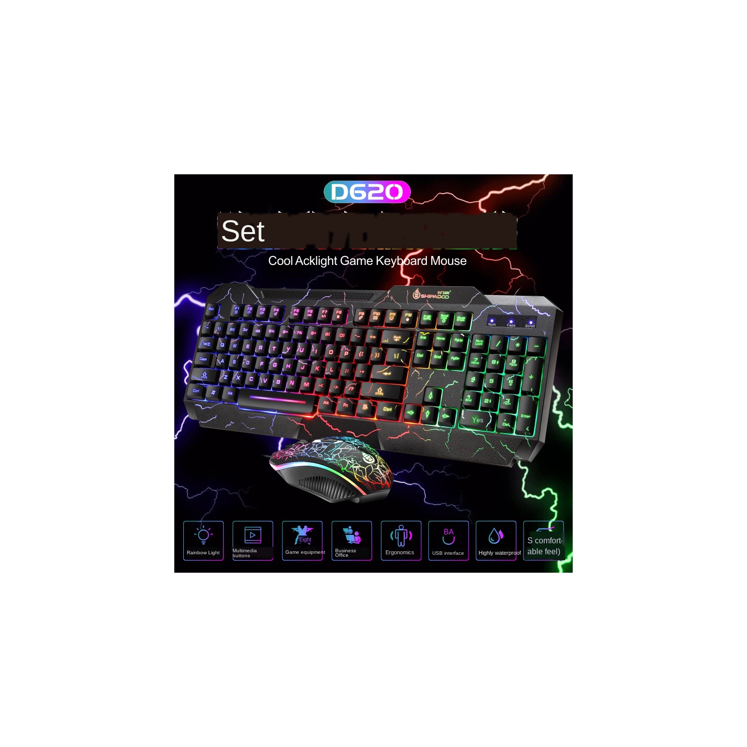 Ensemble clavier de jeu 104 touches rétroéclairé DEL RVB D620 et souris de jeu - conception colorée - Ensemble clavier et souris USB avec fil