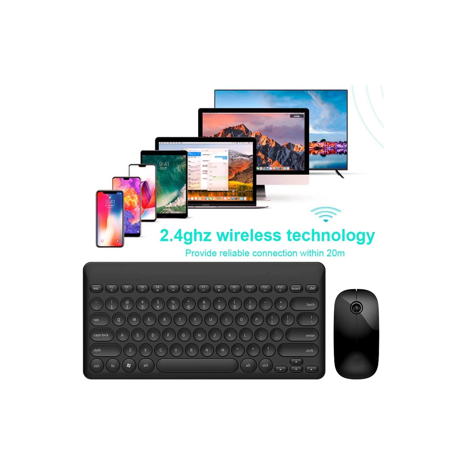 20m/66FT Ultra Slim Wireless Keyboard and Mouse combo kit, Bluetooth IK6620 2.4ghz Multimedia Keyboard and mice bundle Set Wireless Round Cap Button