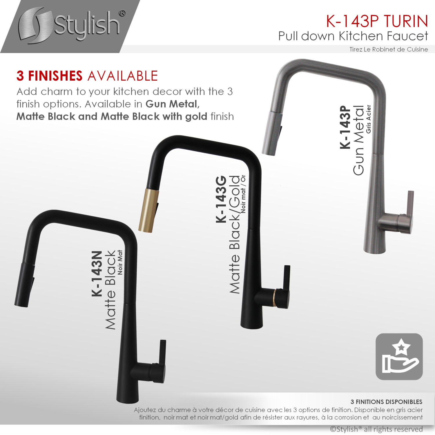 STYLISH Single Handle Pull Down Kitchen Faucet, Gun Metal Finish K-143P