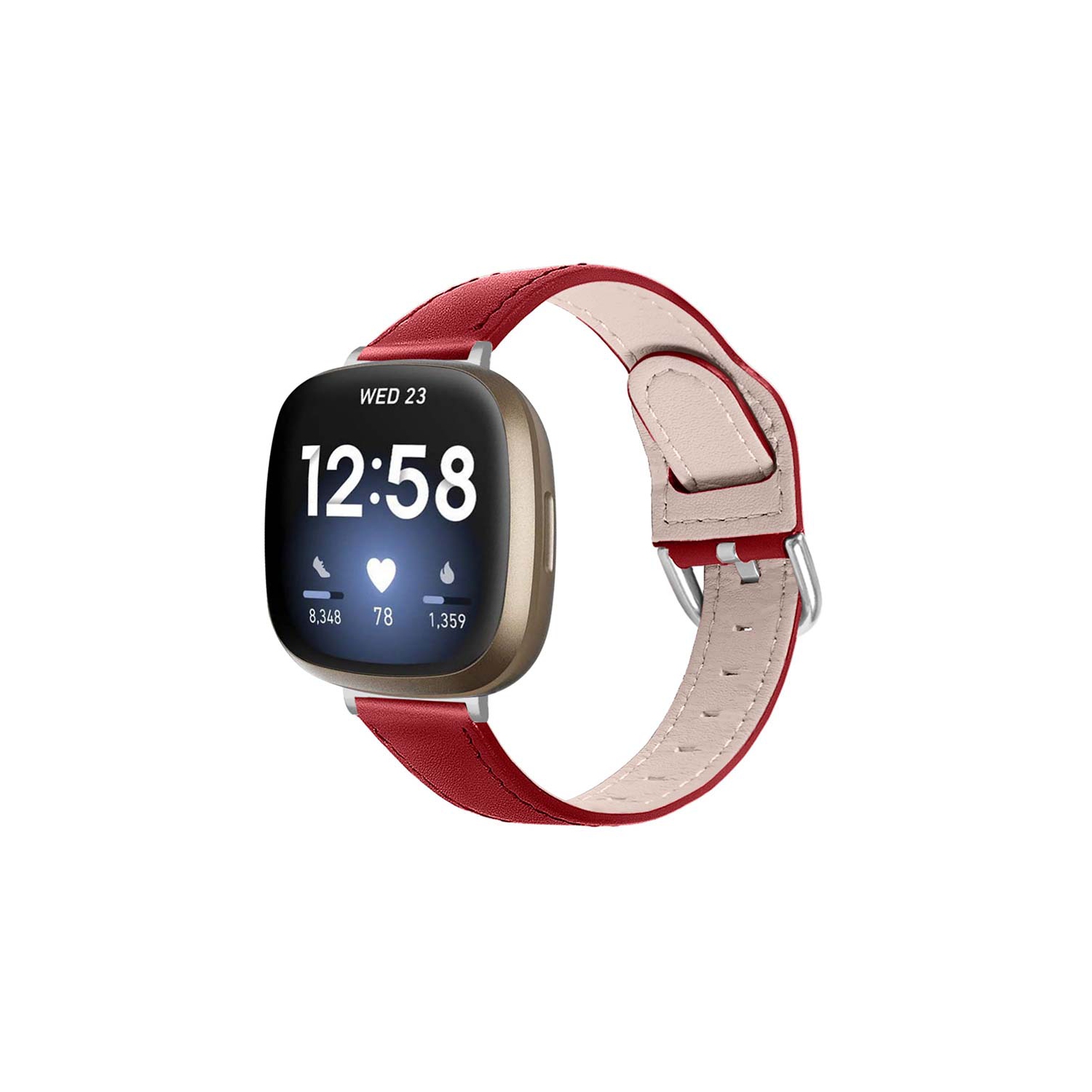 StrapsCo Buckle-and-Tuck Genuine Leather Watch Band Strap for Fitbit Sense - Red