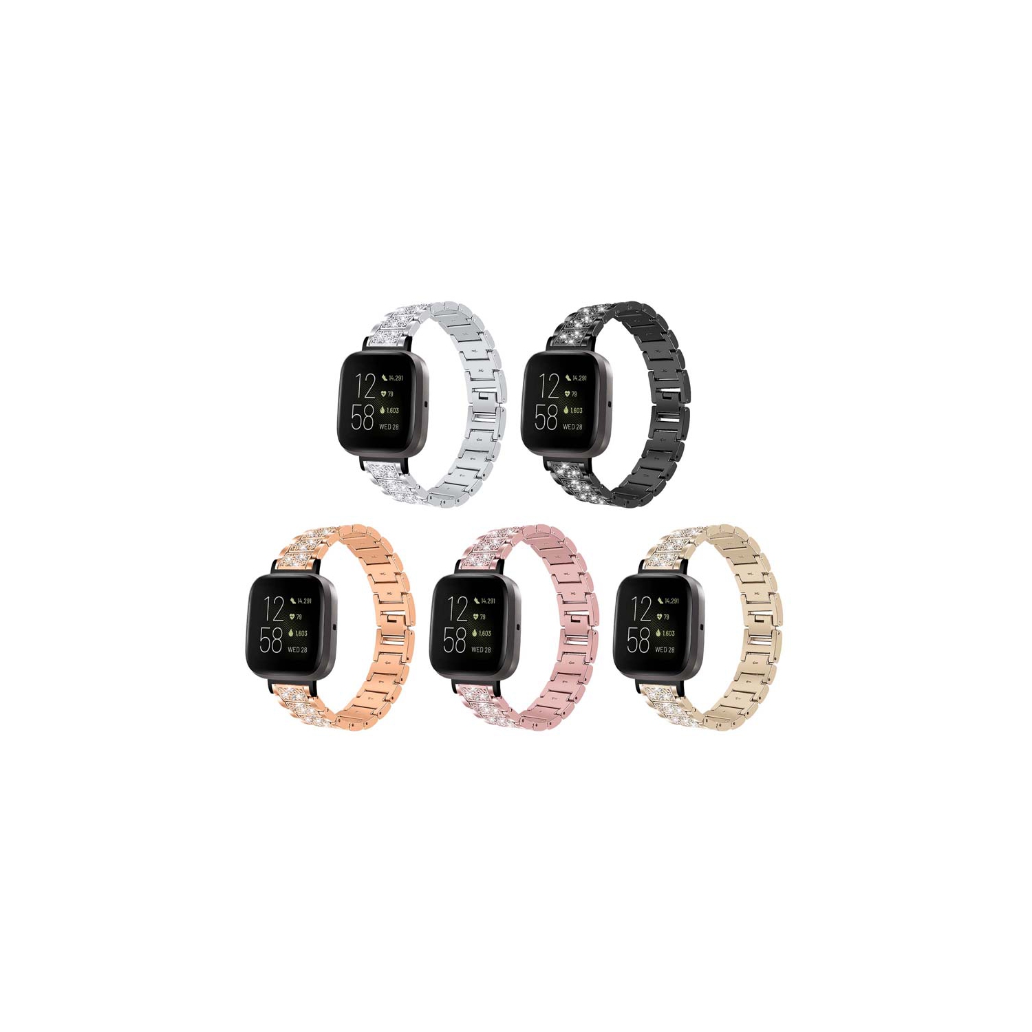 StrapsCo Stainless Steel Metal Bracelet Watch Band with Rhinestones for Fitbit Sense - Soft Gold