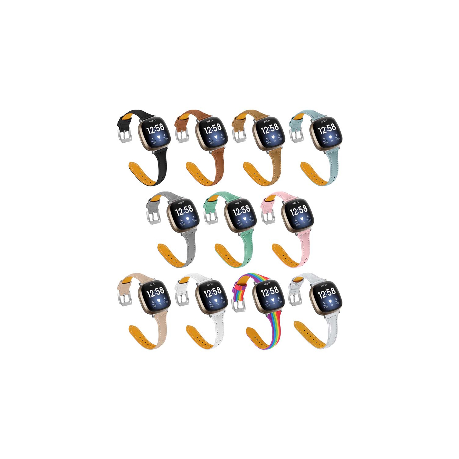 StrapsCo Slim Narrow Genuine Leather Watch Band Strap for Fitbit Versa 3 - Brown