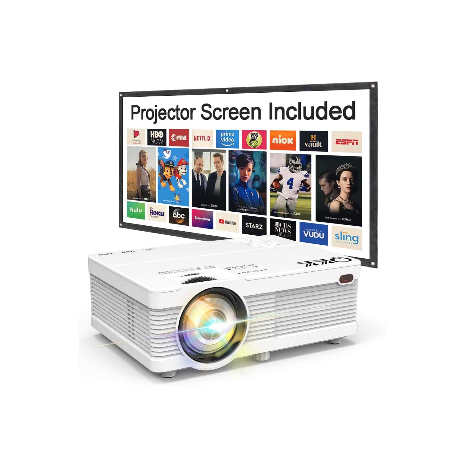 QKK Projector with 100 Inch Projector Screen, Mini Portable Projector 1080P Compatible with HDMI, VGA, AV, USB for Home Theater, Outdoor Activities - Open Box