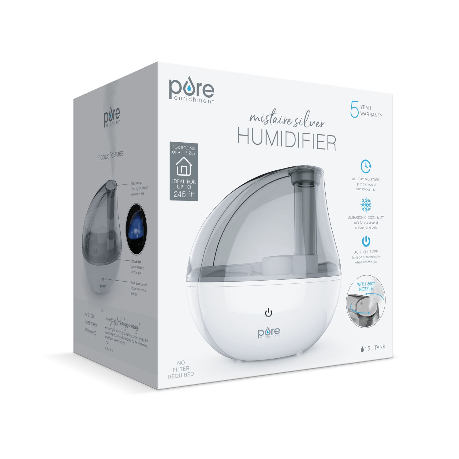 MistAire Silver Ultrasonic Cool Mist Humidifier