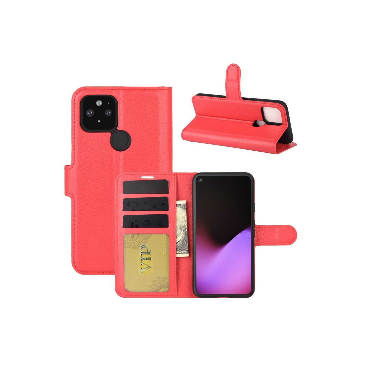 [CS] Étui pour Pixel 4a 5G 2020 de Google, étui folio en cuir magnétique à rabat avec fente pour carte, rouge